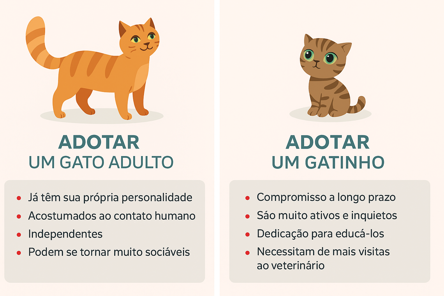 Adoção de gatos. Infográfico comparativo Infográfico comparativo sobre os prós e contras de gatos adotáveis. Adoção de gatos.