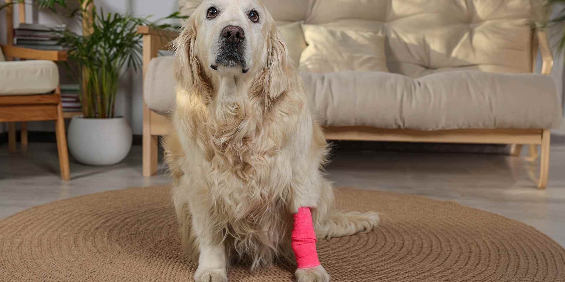 Cachorro uivando - Ferida  Ferimentos e feridas são uma das razões pelas quais os cães uivam. Um retriever sentado com uma bandagem na pata.