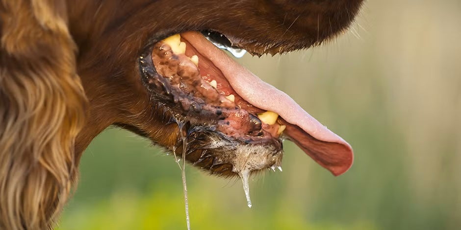 A raiva em cachorros pode criar salivação excessiva. Como o cachorro da imagem.