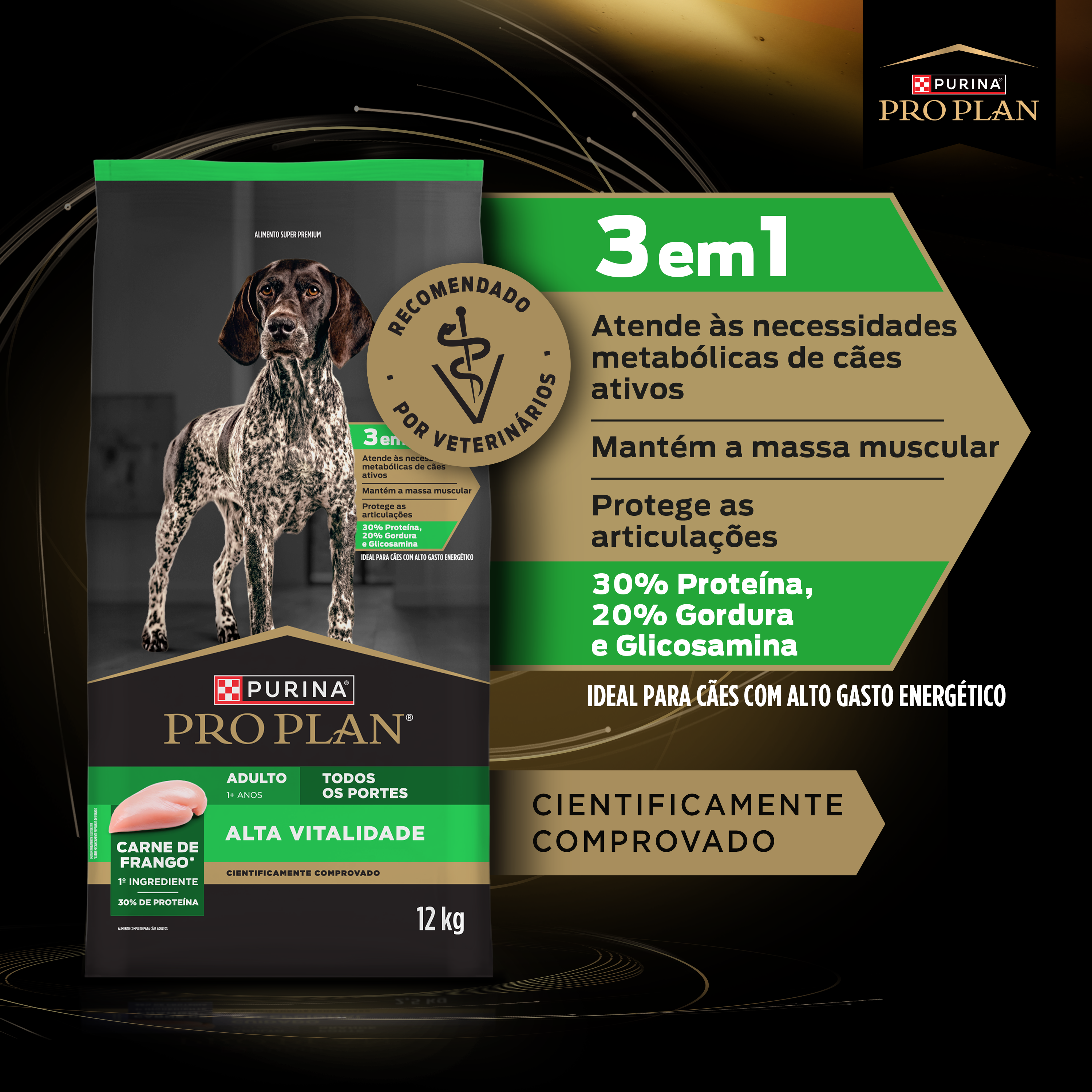 Ração para cães adultos Pro Plan Alta Vitalidade com frango, ração seca premium 3 em 1