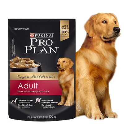 Sachê de alimento úmido Purina Pro Plan Adult com cão ao lado do produto