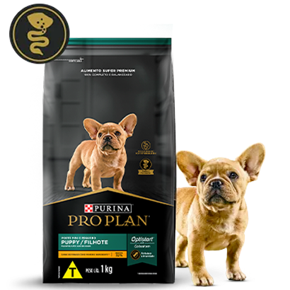 Ração Pro Plan Puppy ao lado de um filhote na card do produto