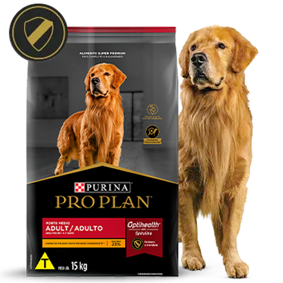 Ração Pro Plan Adult ao lado de um cão adulto na card do produto