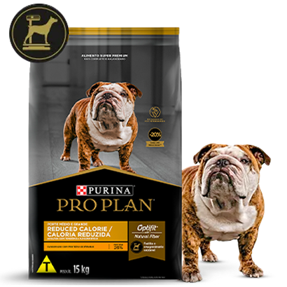 Ração Purina Pro Plan Reduced Calorie com cão ao lado do produto