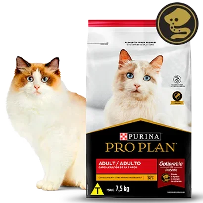 Ração Pro Plan Adult ao lado de um gato na card do produto