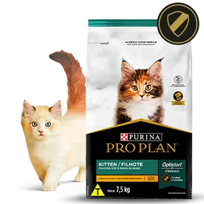 Ração Pro Plan Kitten ao lado de um filhote de gato na card do produto