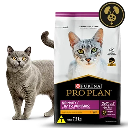 Ração Purina Pro Plan Urinary com gato ao lado do produto
