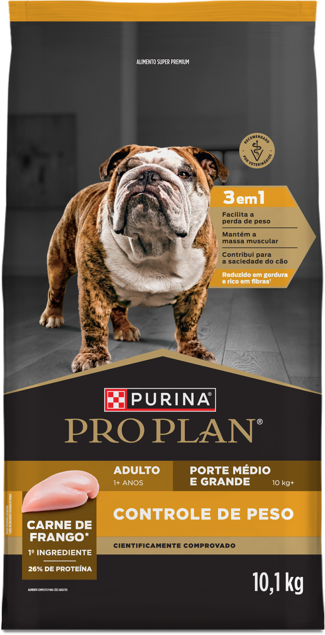 Ração Purina Pro Plan Reduced Calorie com cão ao lado do produto