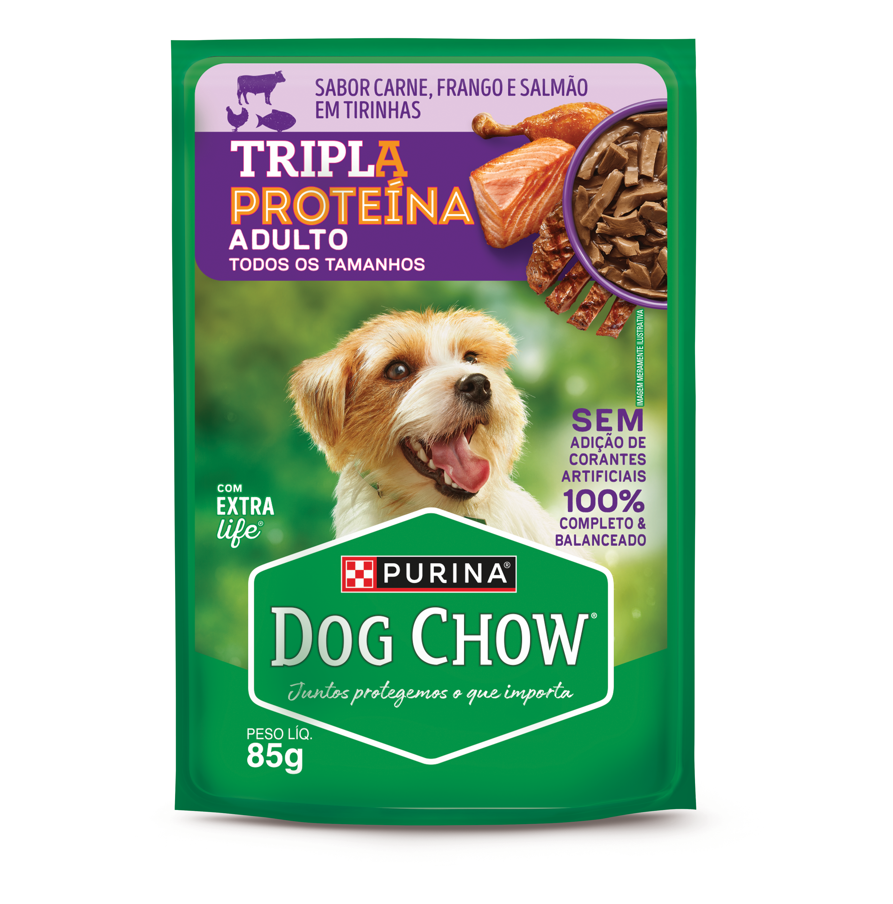 Dog Chow sachê ração úmida para cães adulto tripla proteína carne frango salmão tirinhas 85g