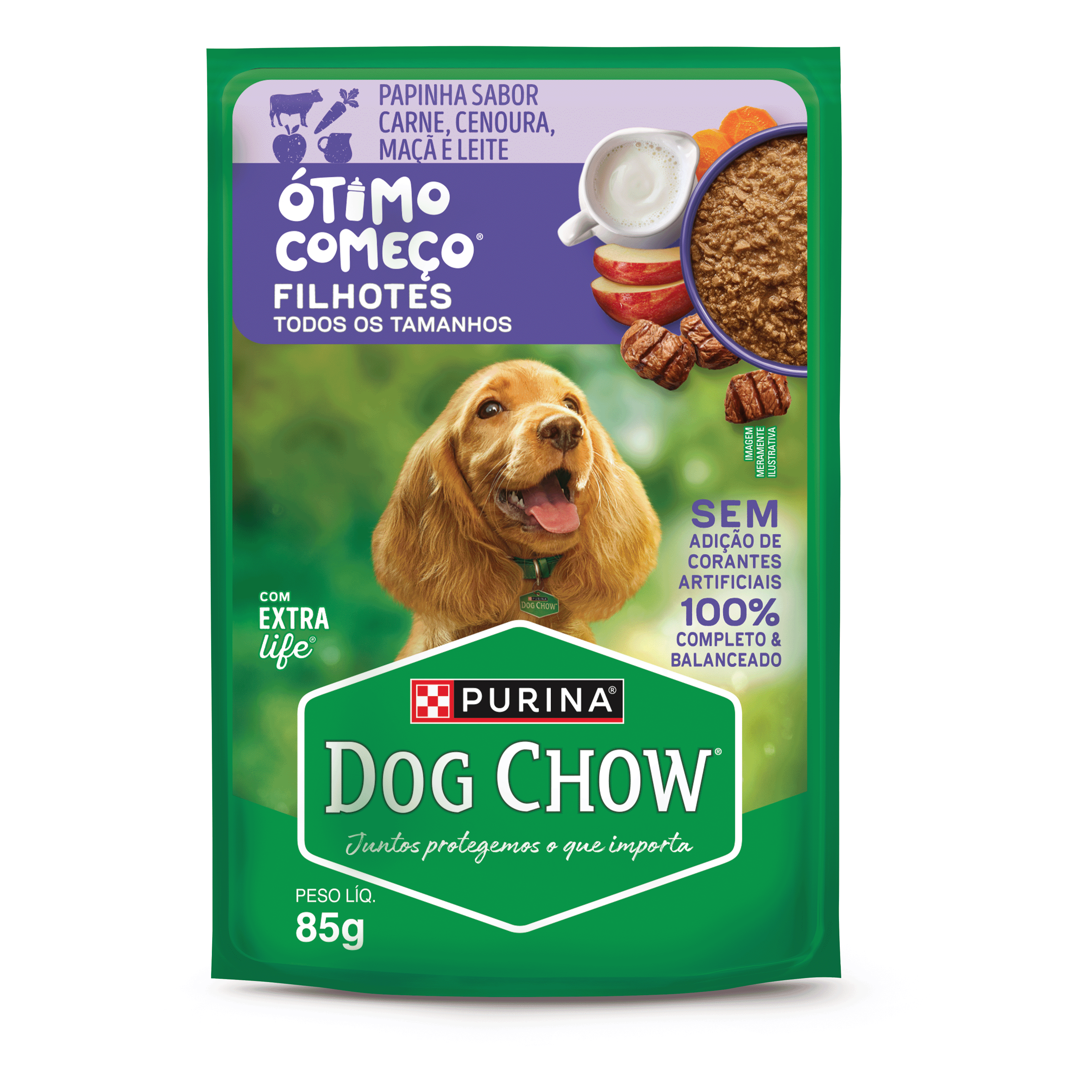 Dog Chow sachê ração úmida para filhotes papinha carne cenoura maçã leite 85g