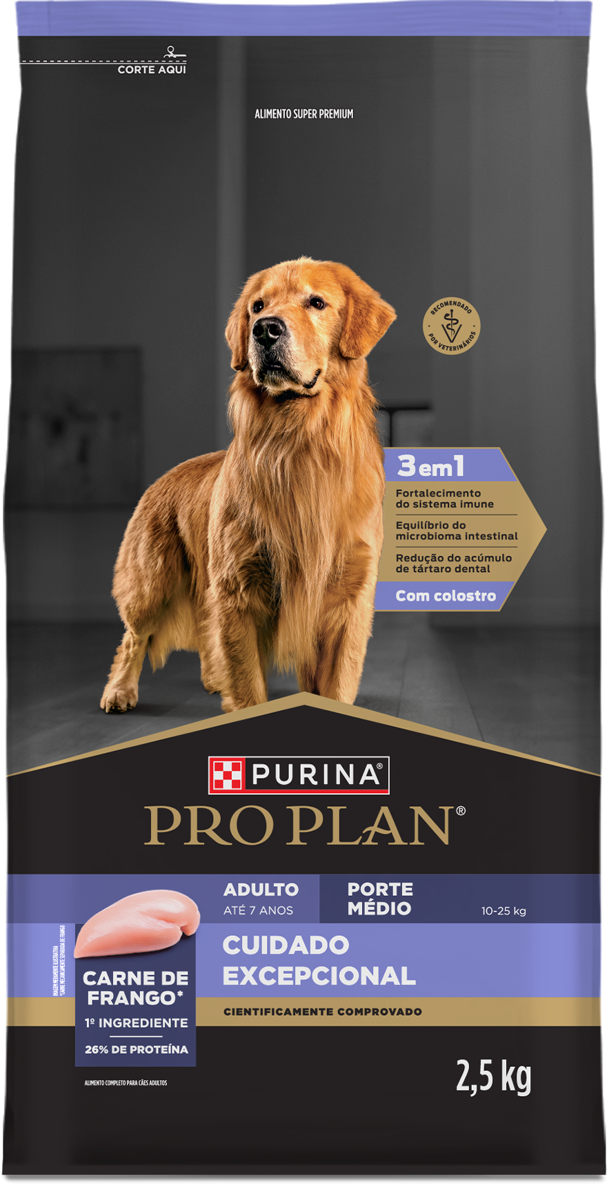 Ração Pro Plan Adult ao lado de um cão adulto na card do produto