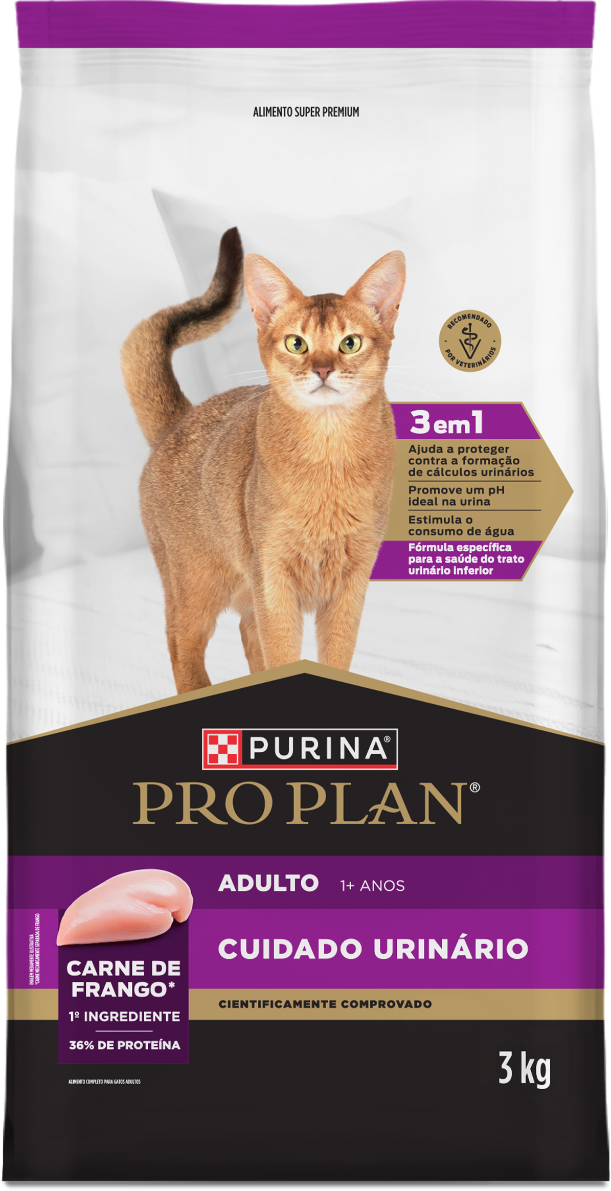 Ração Purina Pro Plan Urinary com gato ao lado do produto