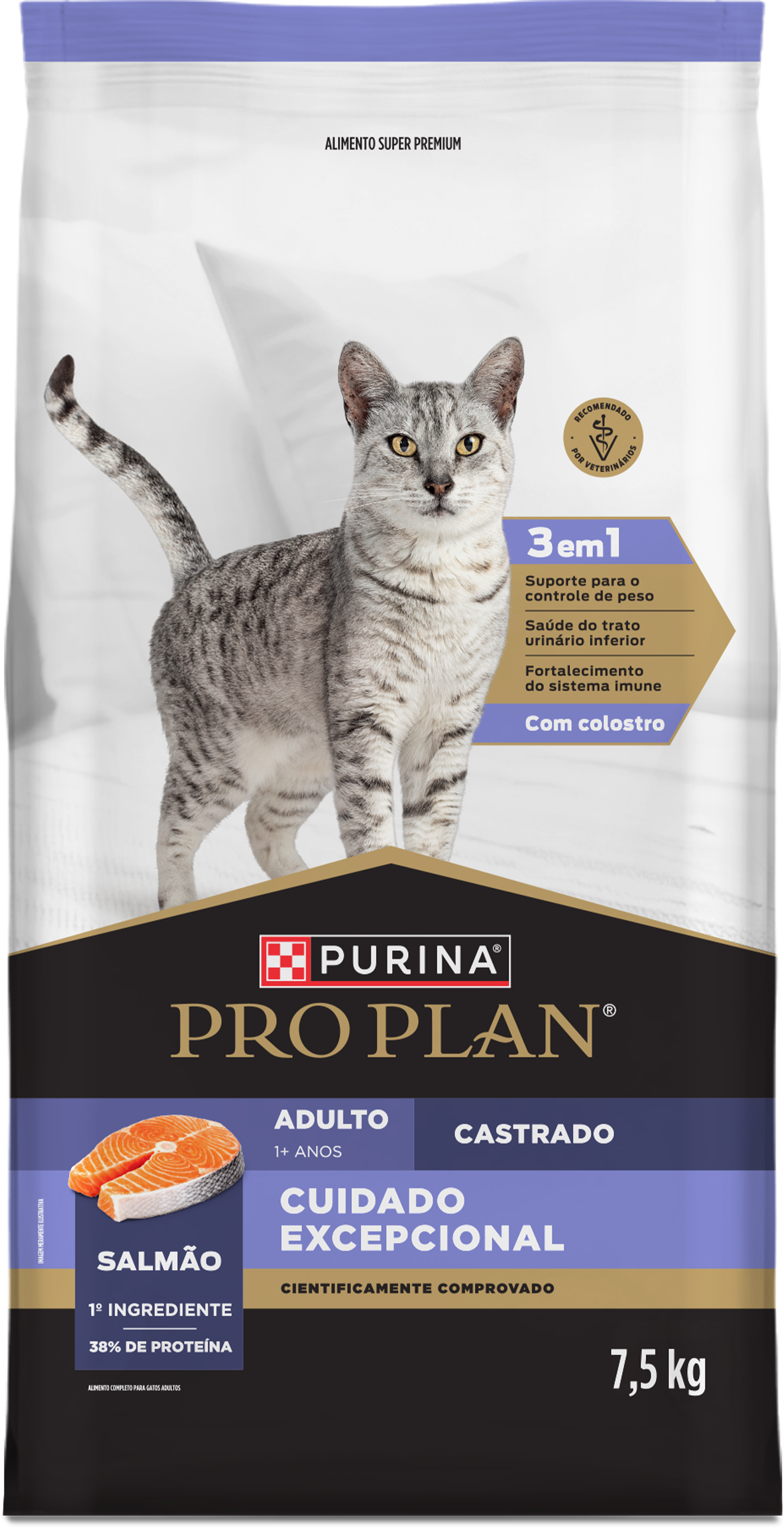 Ração Purina Pro Plan Castrado com gato ao lado do produto