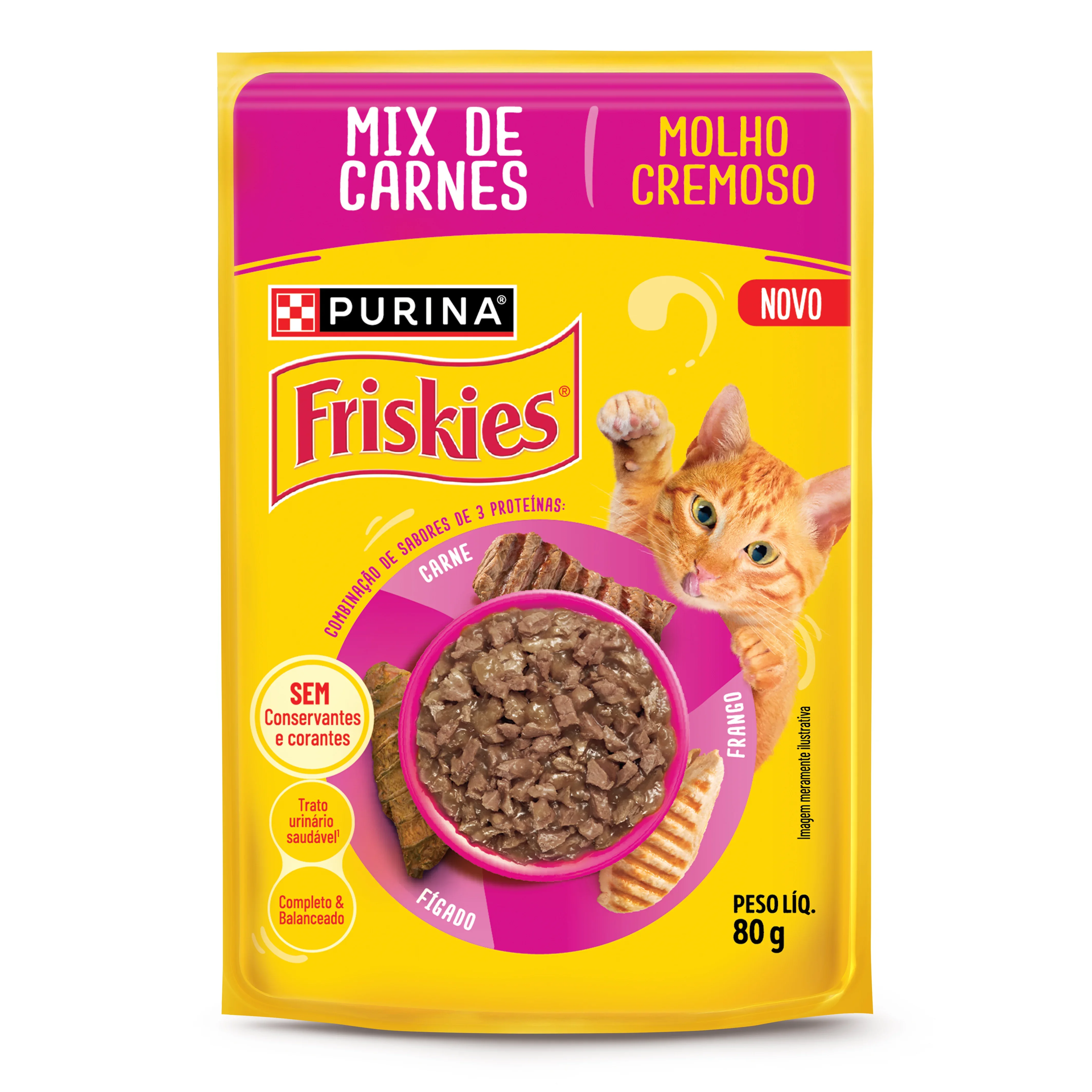 Ração úmida para gatos Friskies Mix de Carnes com molho cremoso, combinação de carne, frango e fígado.