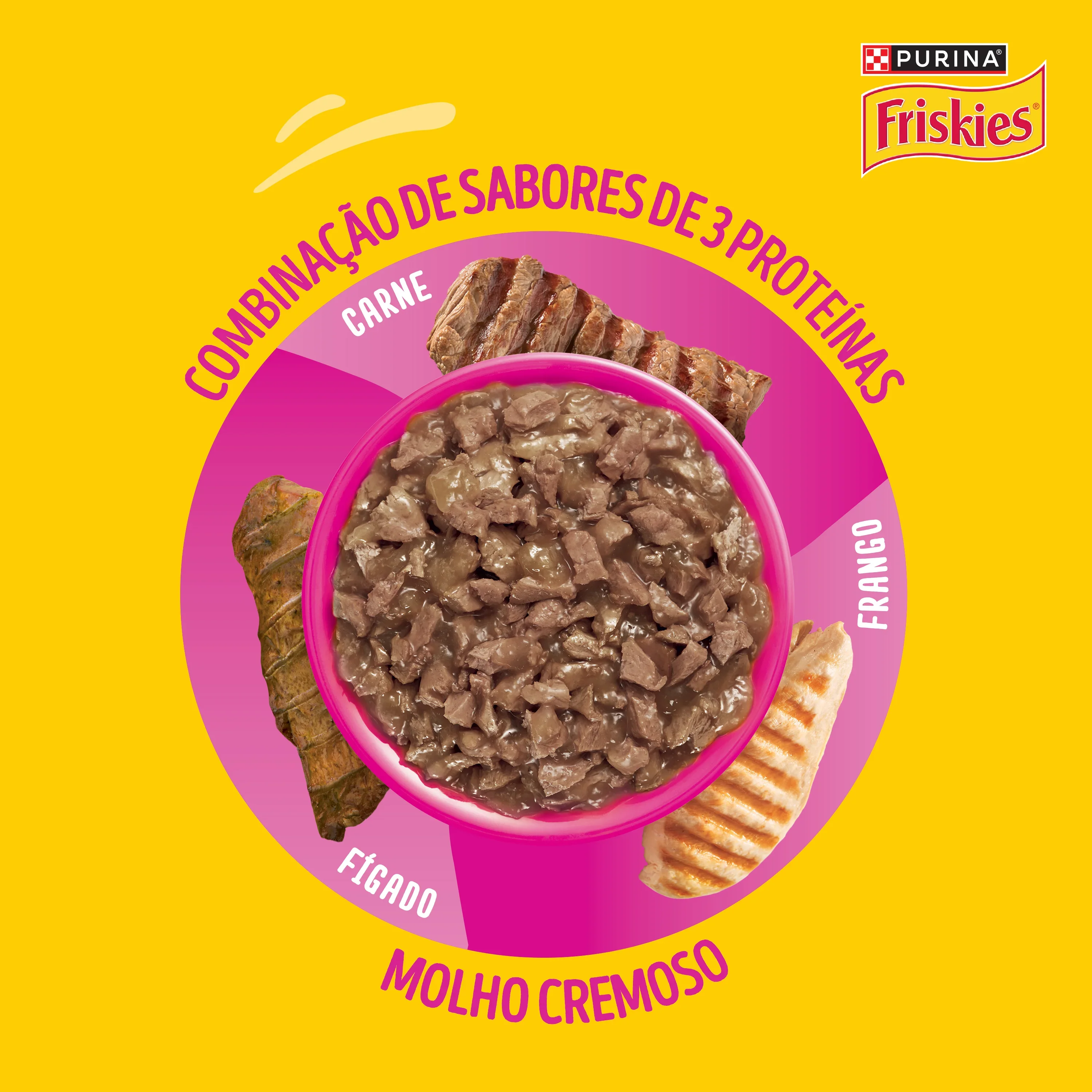 Ração úmida para gatos Friskies Mix de Carnes com molho cremoso, combinação de carne, frango e fígado.
