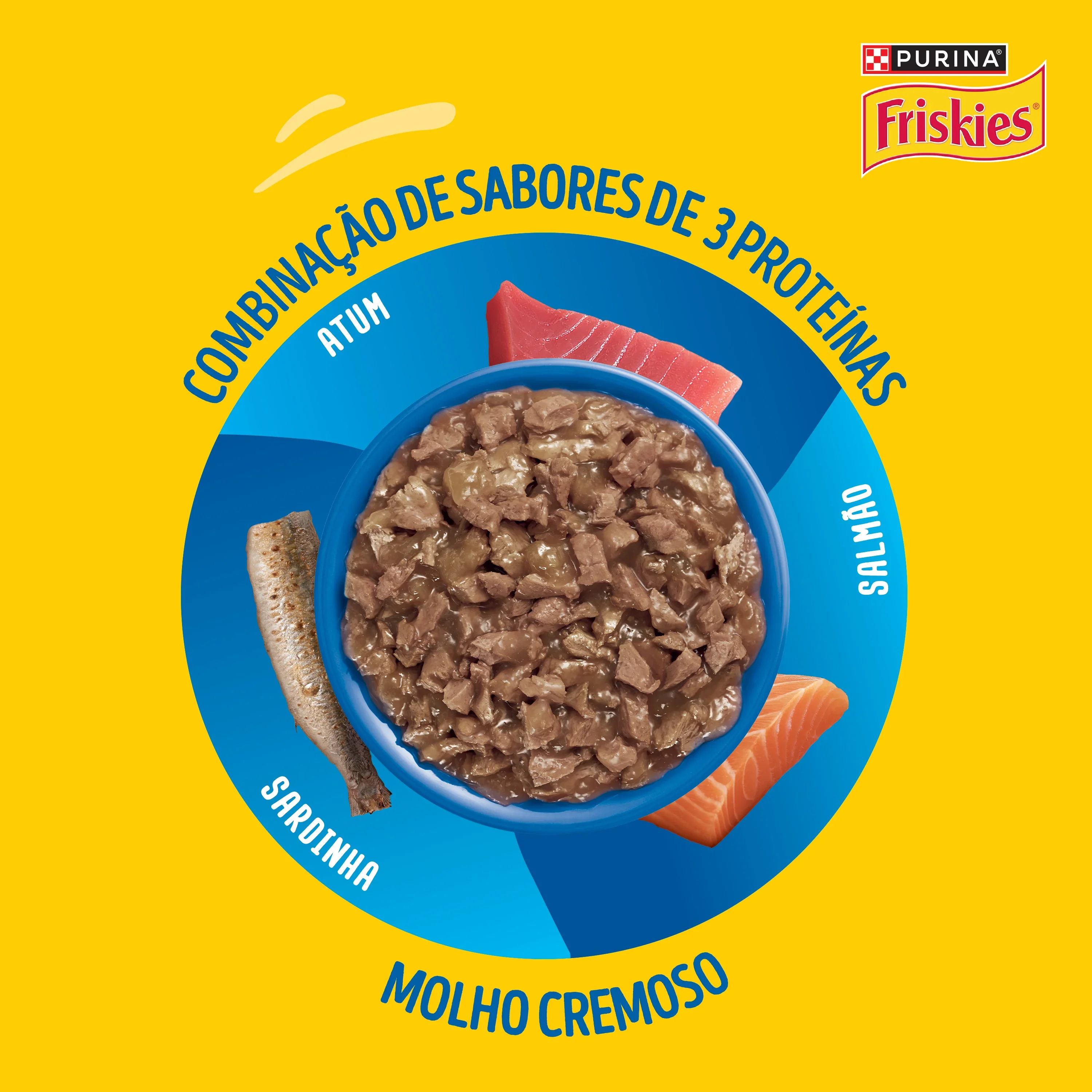 Ração úmida para gatos Friskies Mar de Sabores com molho cremoso, feita com atum, salmão e sardinha.