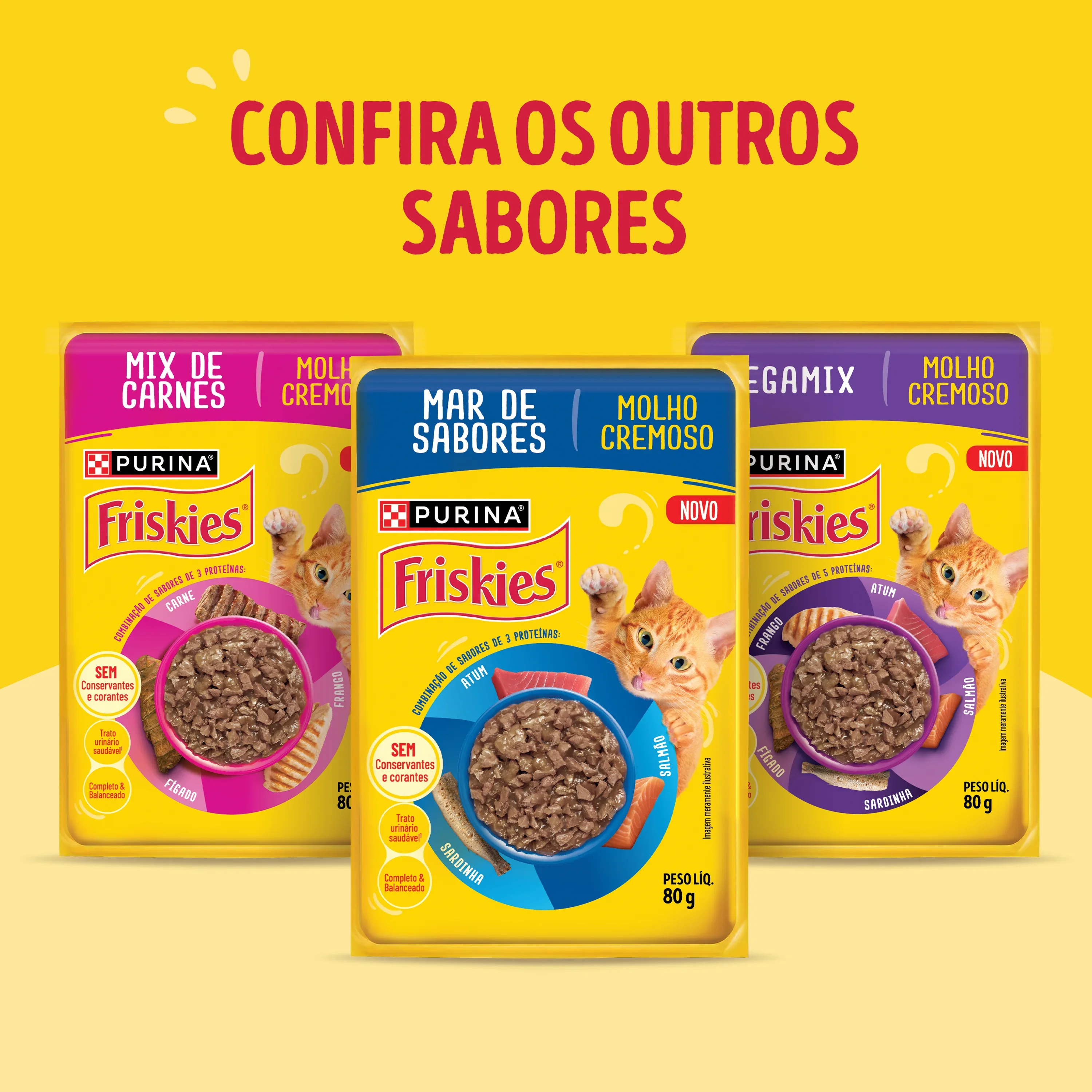 Ração úmida para gatos Friskies Mar de Sabores com molho cremoso, feita com atum, salmão e sardinha.
