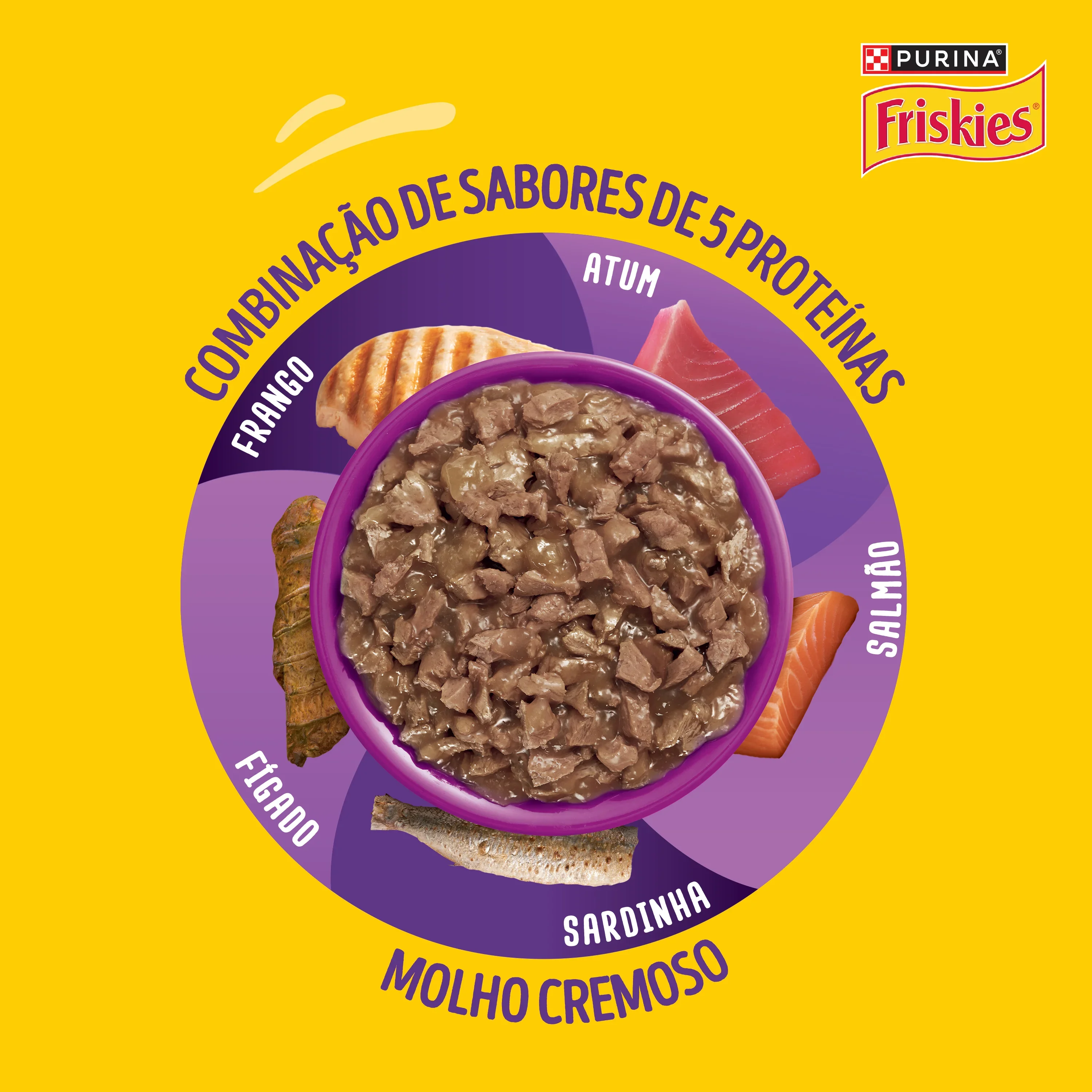 Ração úmida para gatos Friskies Megamix com molho cremoso, de frango, atum, fígado, salmão e sardinha