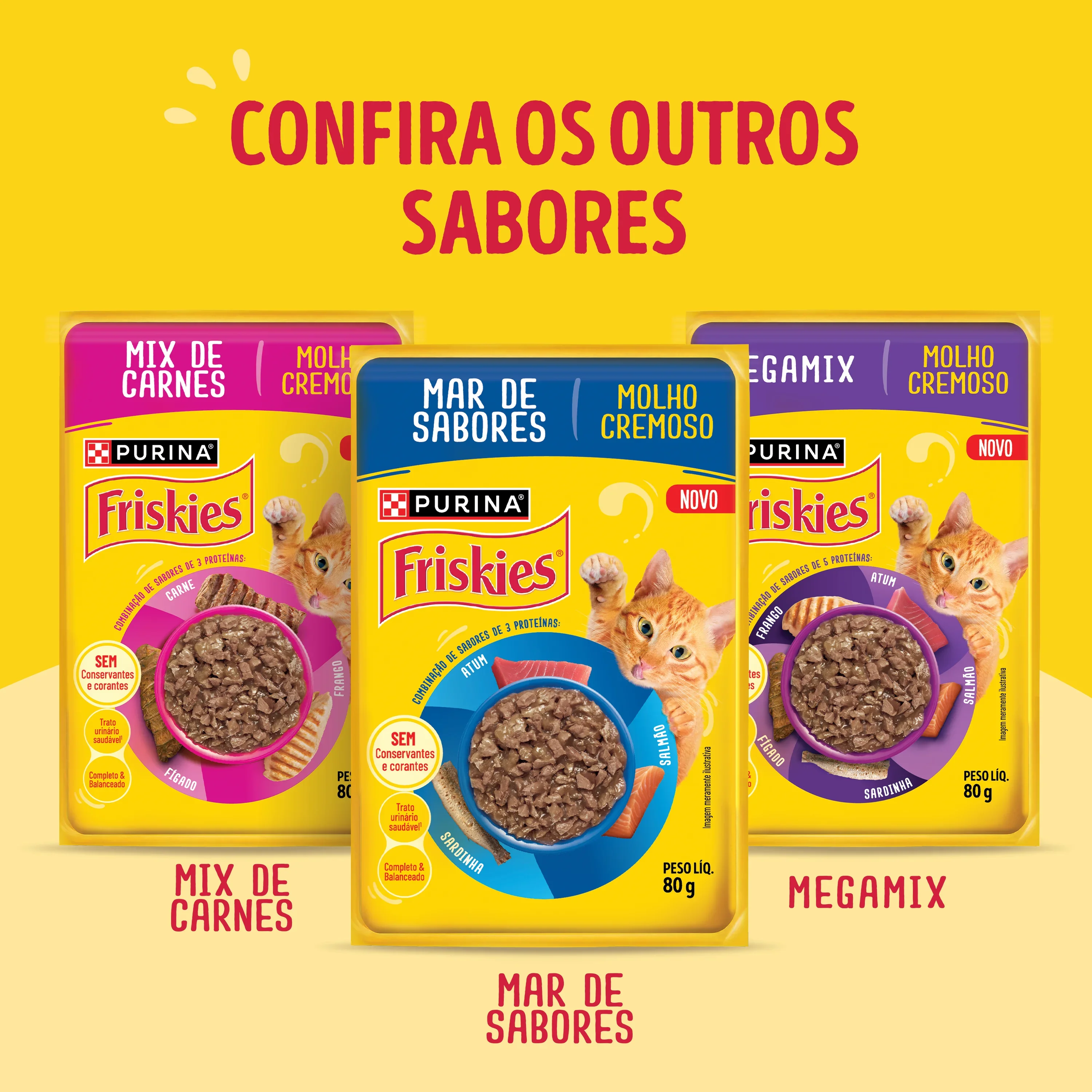 Ração úmida para gatos Friskies Megamix com molho cremoso, de frango, atum, fígado, salmão e sardinha