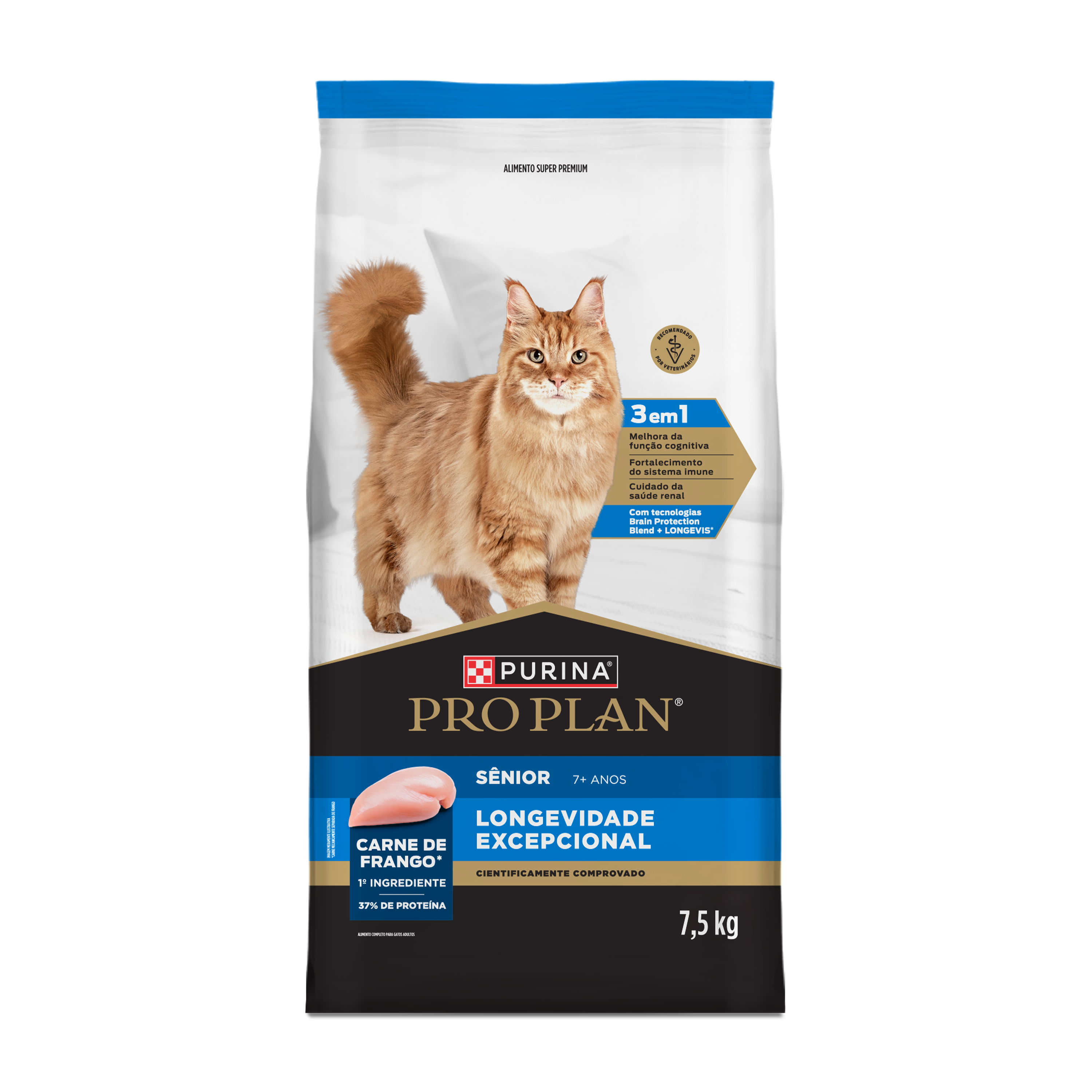 Ração Pro Plan Adult 7+ ao lado de um gato sênior na card do produto
