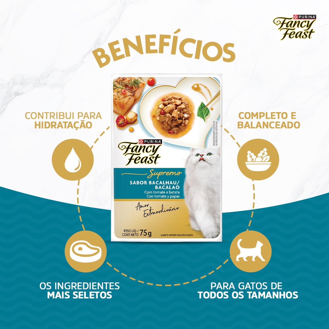 Sachê de ração úmida para gatos Fancy Feast Supremó sabor bacalhau com tomate e batata