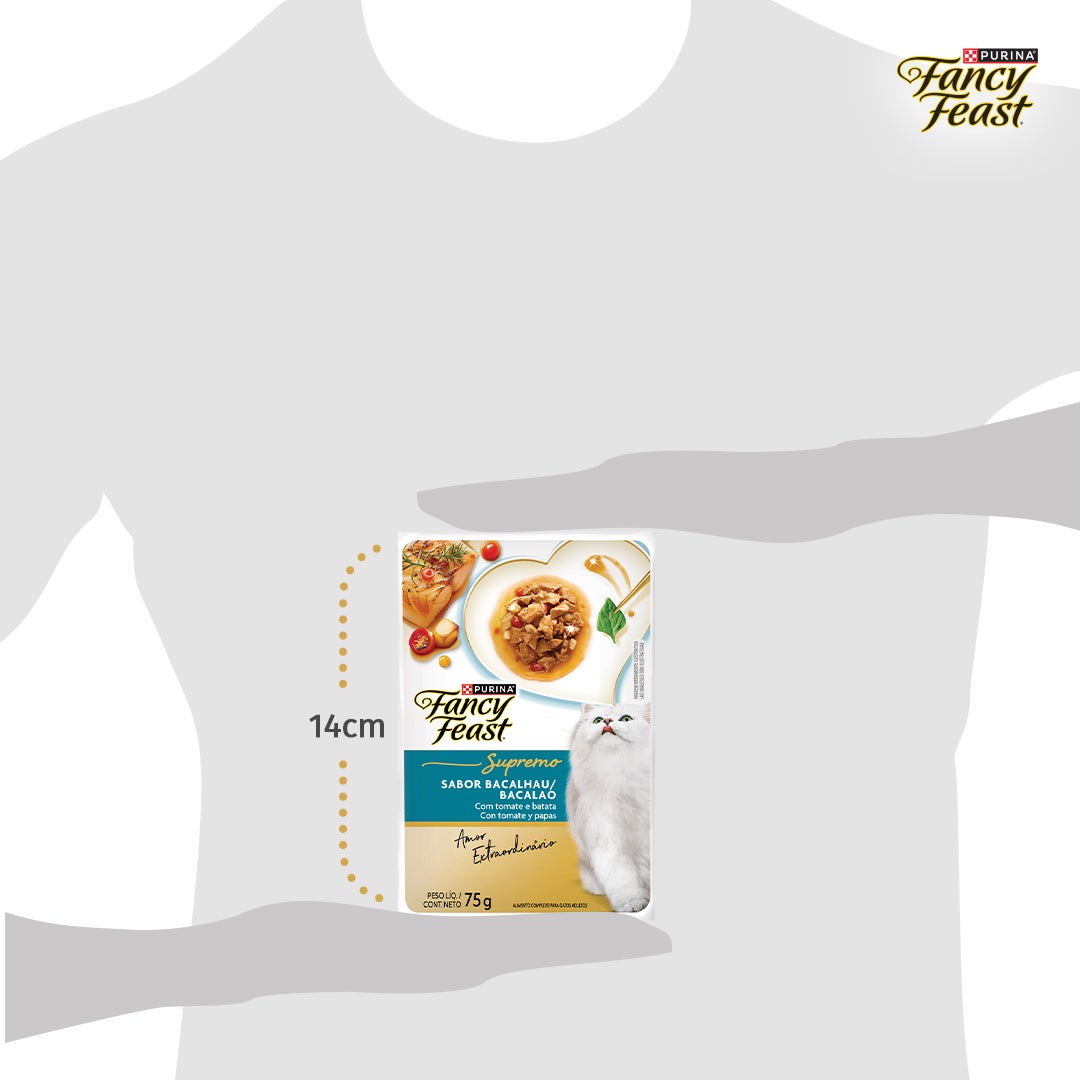 Sachê de ração úmida para gatos Fancy Feast Supremó sabor bacalhau com tomate e batata