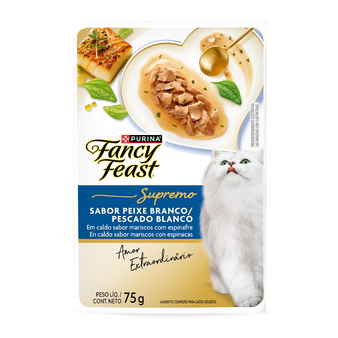 Sachê de ração úmida para gatos Fancy Feast Supremó sabor peixe branco em caldo com espinafre.