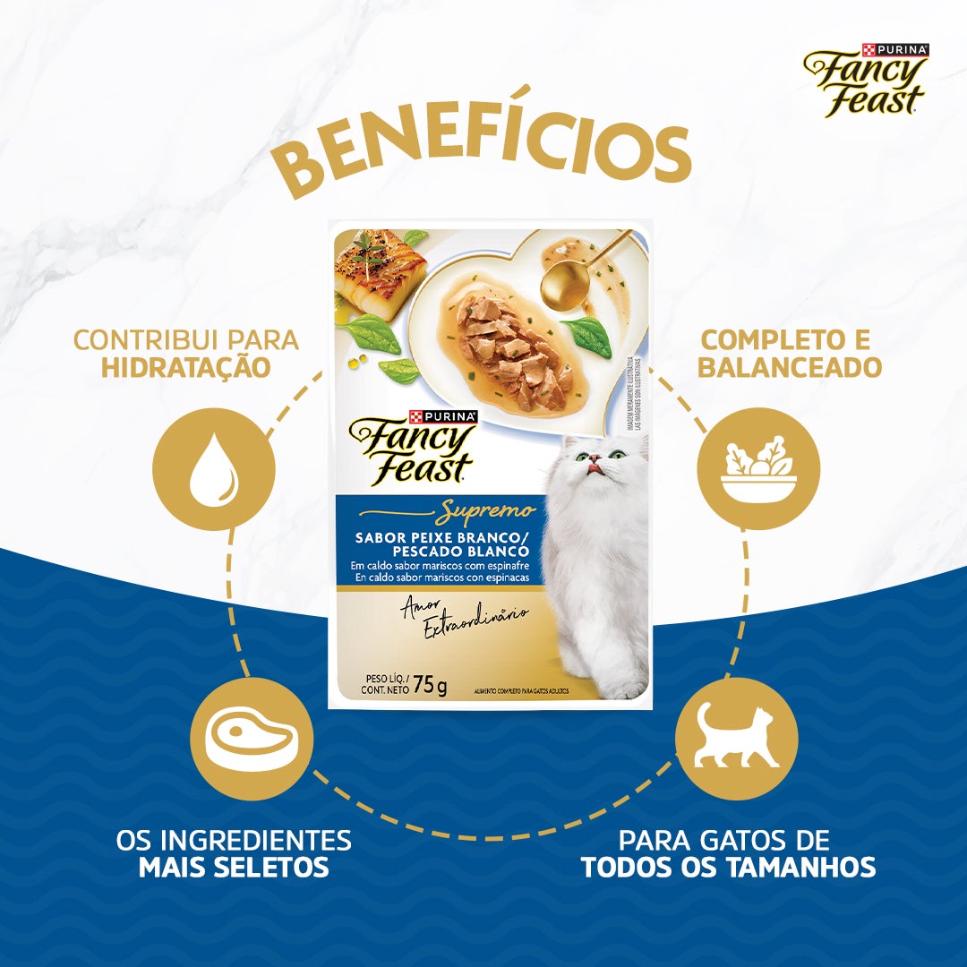 Sachê de ração úmida para gatos Fancy Feast Supremó sabor peixe branco em caldo com espinafre.
