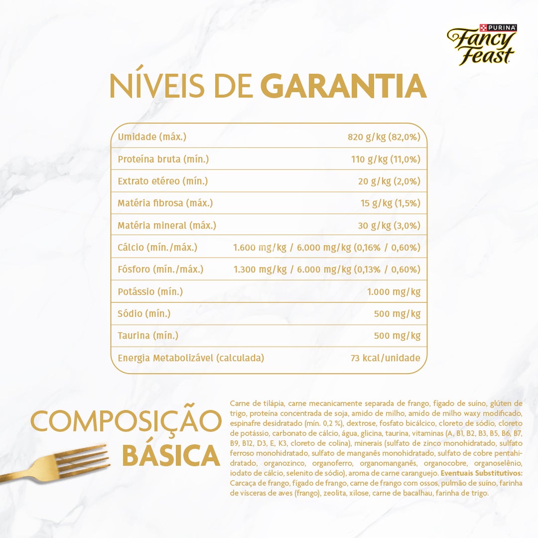 Sachê de ração úmida para gatos Fancy Feast Supremó sabor peixe branco em caldo com espinafre.