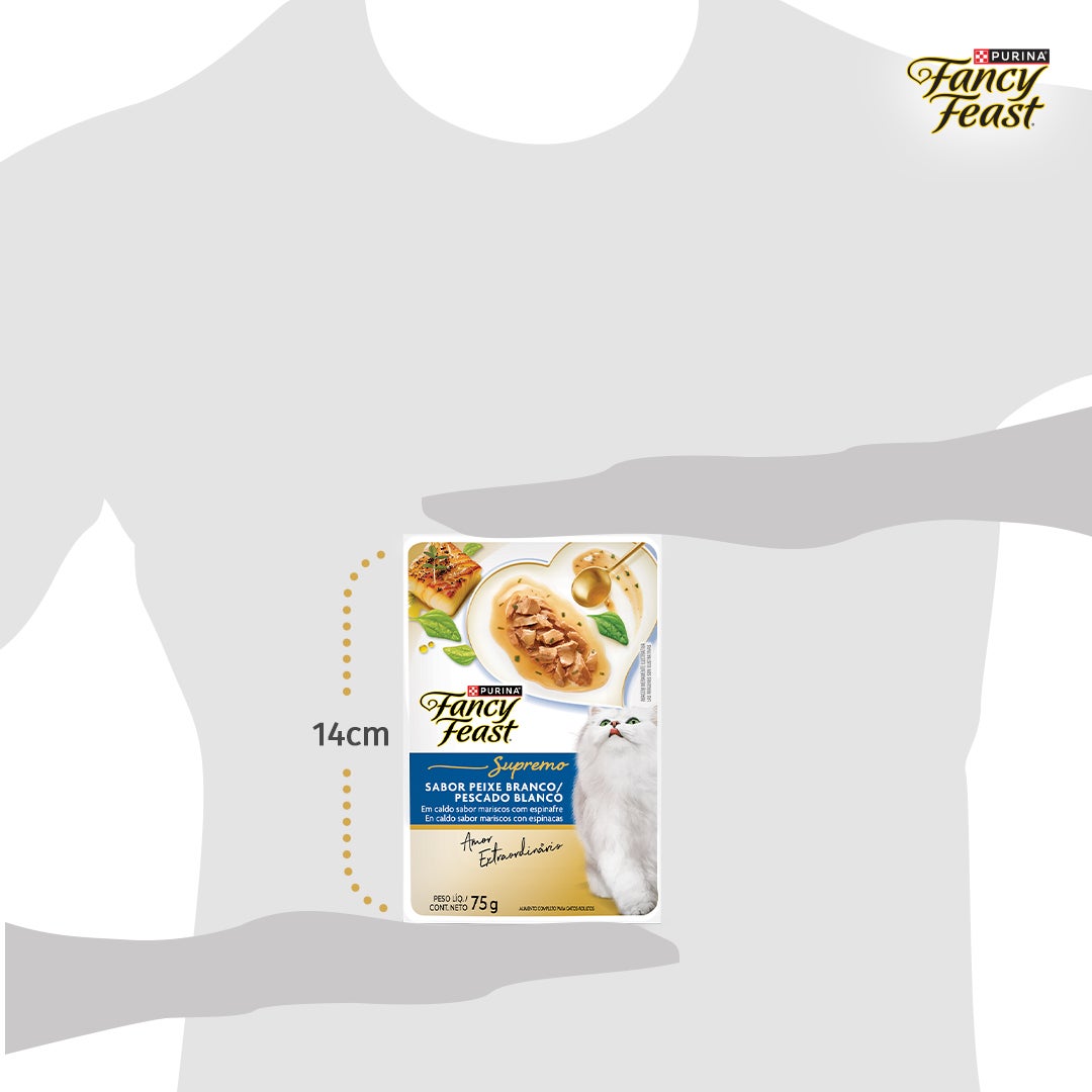 Sachê de ração úmida para gatos Fancy Feast Supremó sabor peixe branco em caldo com espinafre.