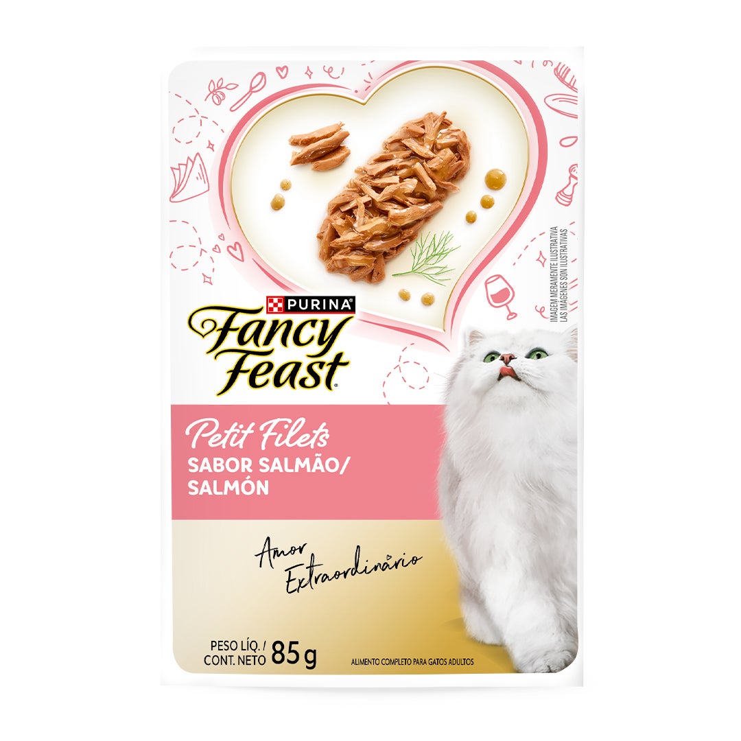 Sachê de ração úmida para gatos Fancy Feast Supremó sabor peixe branco em caldo com espinafre.