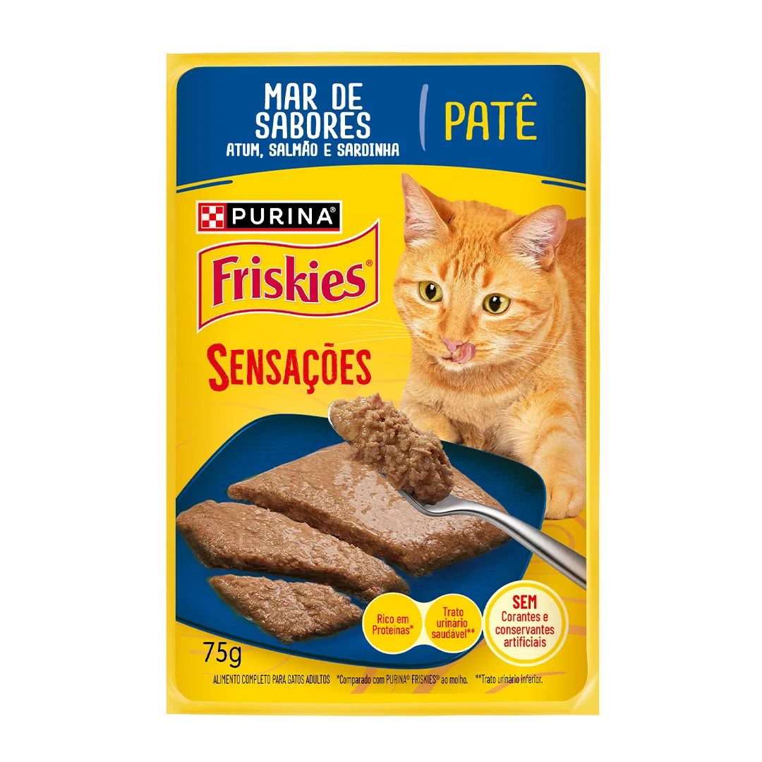 Ração úmida para gatos adultos Friskies® Patê Sensações sabor Atum, Salmão e Sardinha