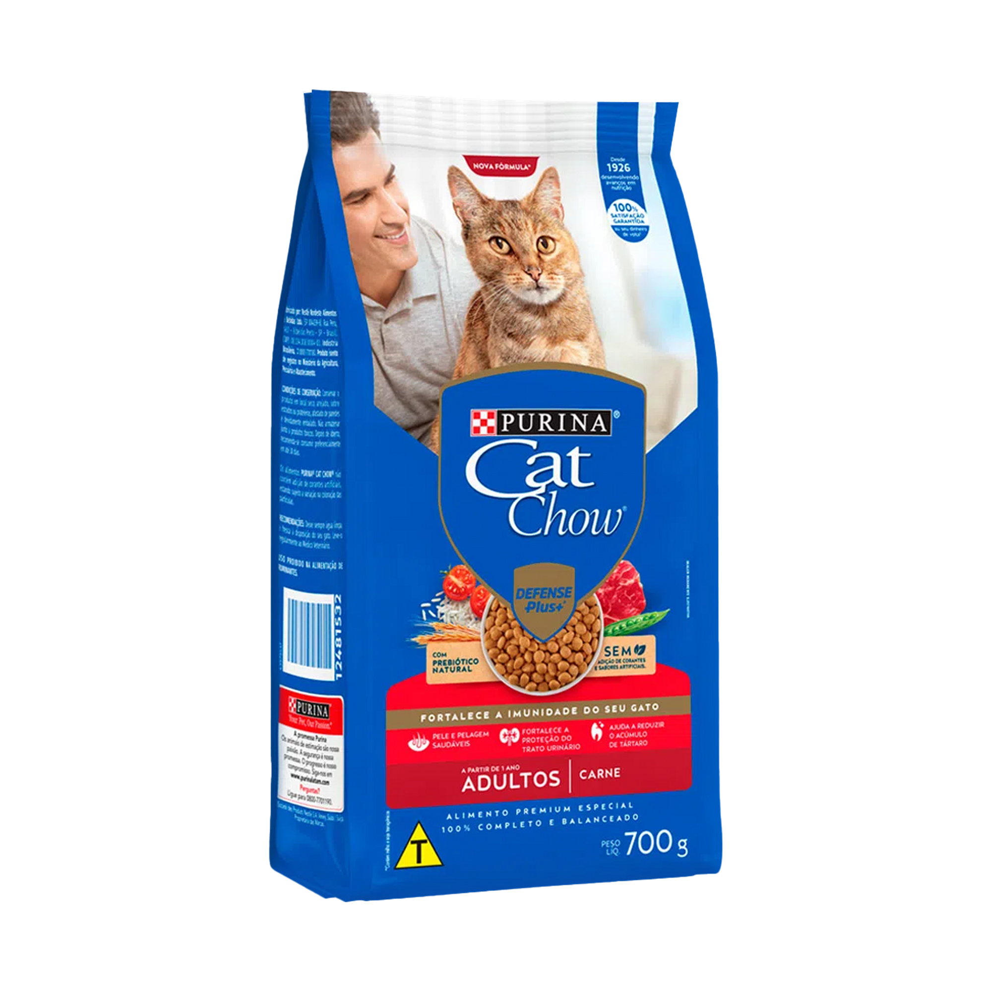 Embalagem de Cat Chow carne para gato adulto, vista lateral