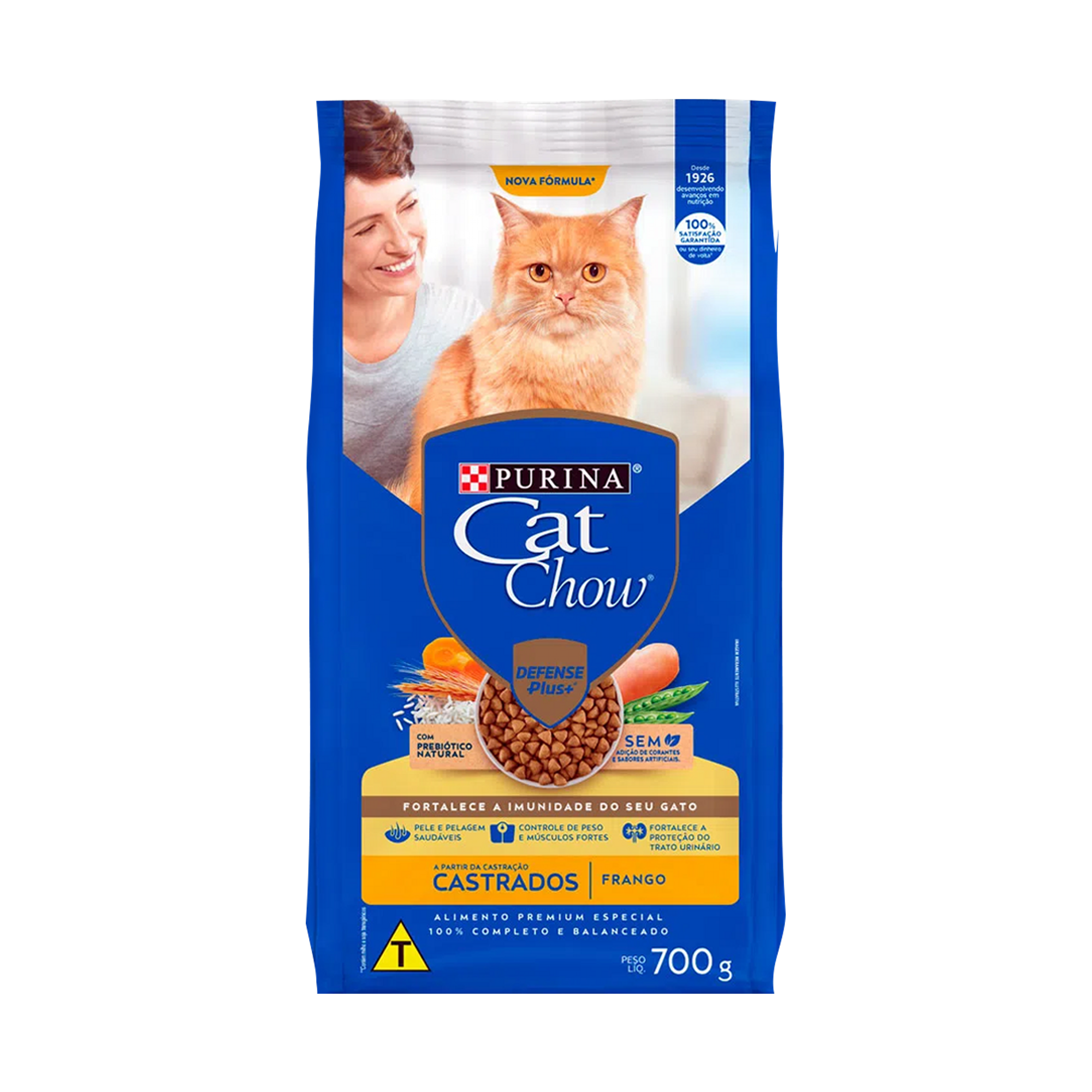 Embalagem de Cat Chow castrados sabor frango, vista frontal