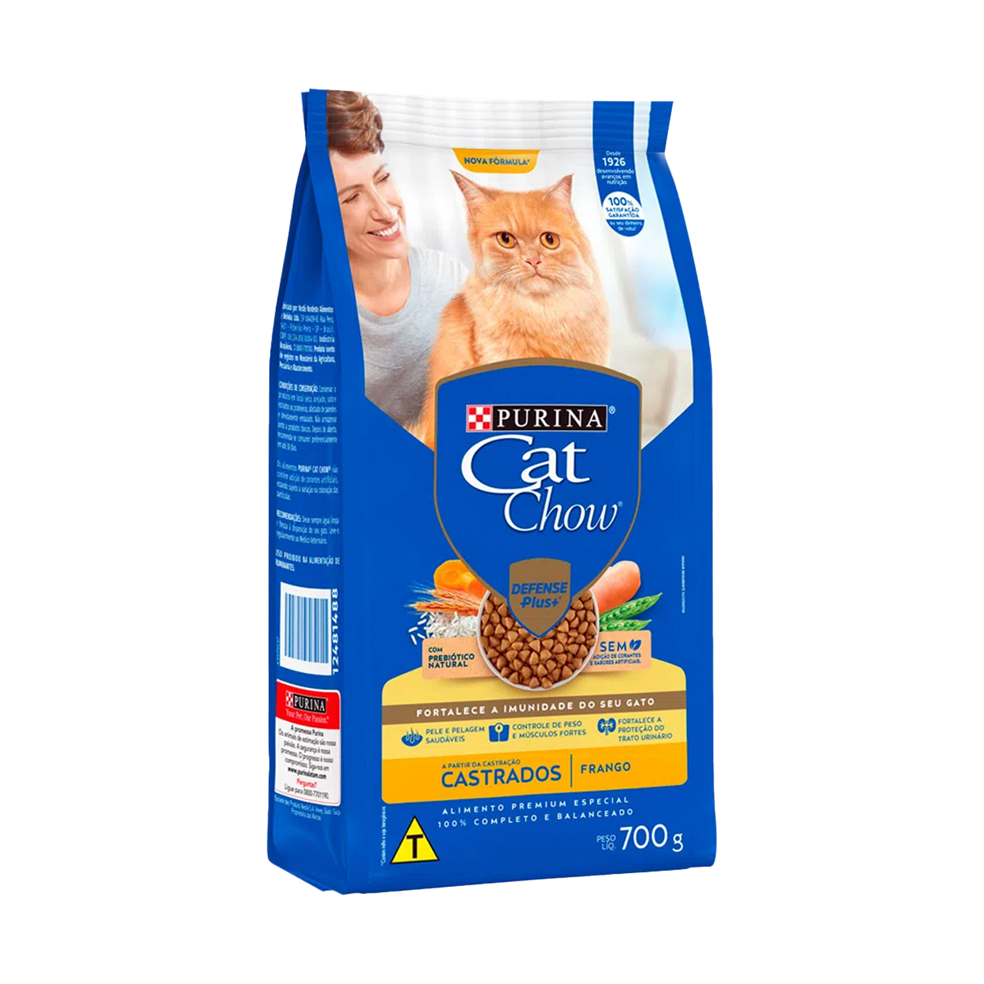 Embalagem de Cat Chow castrados sabor frango, vista lateral