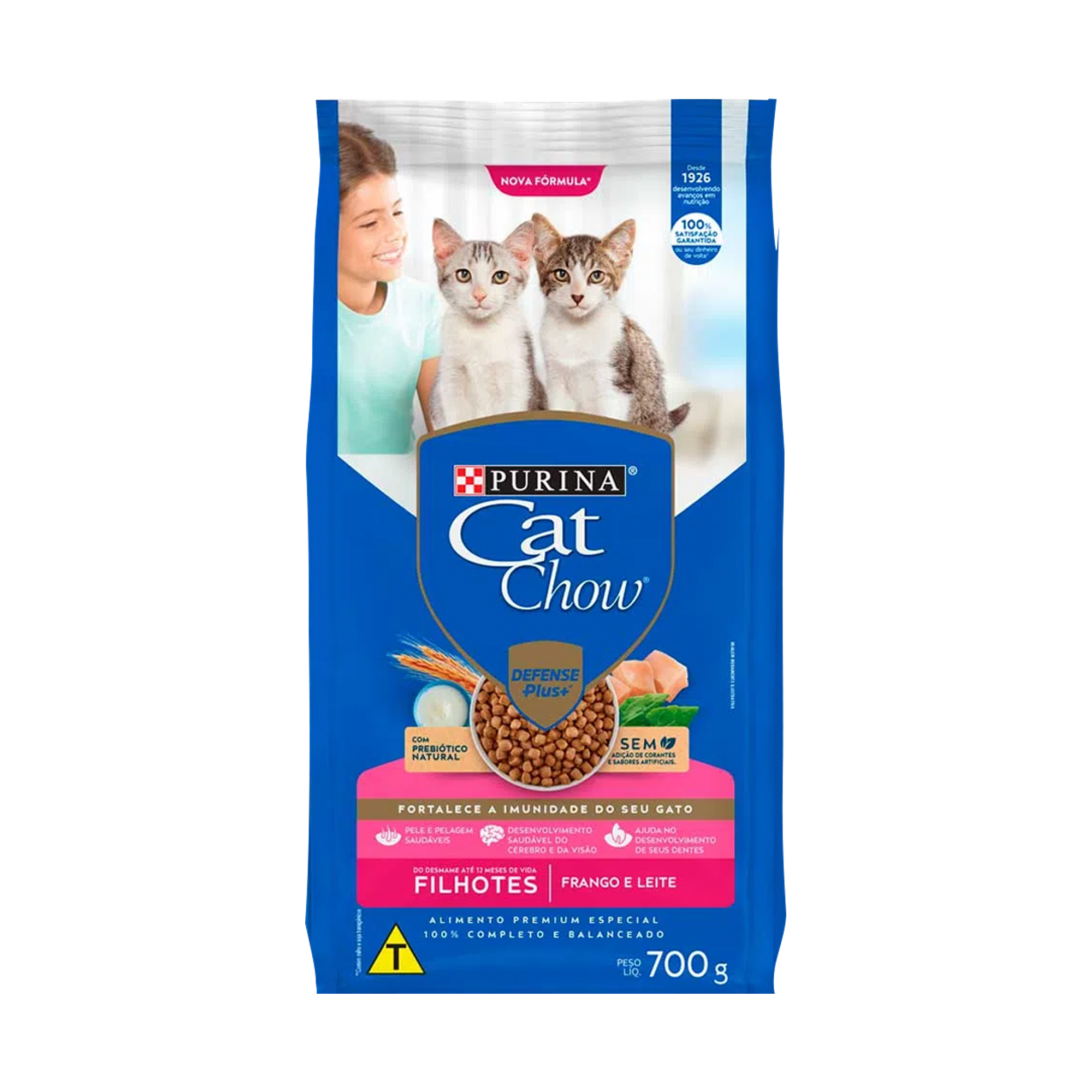 Embalagem de Cat Chow filhotes sabor frango e leite, vista frontal