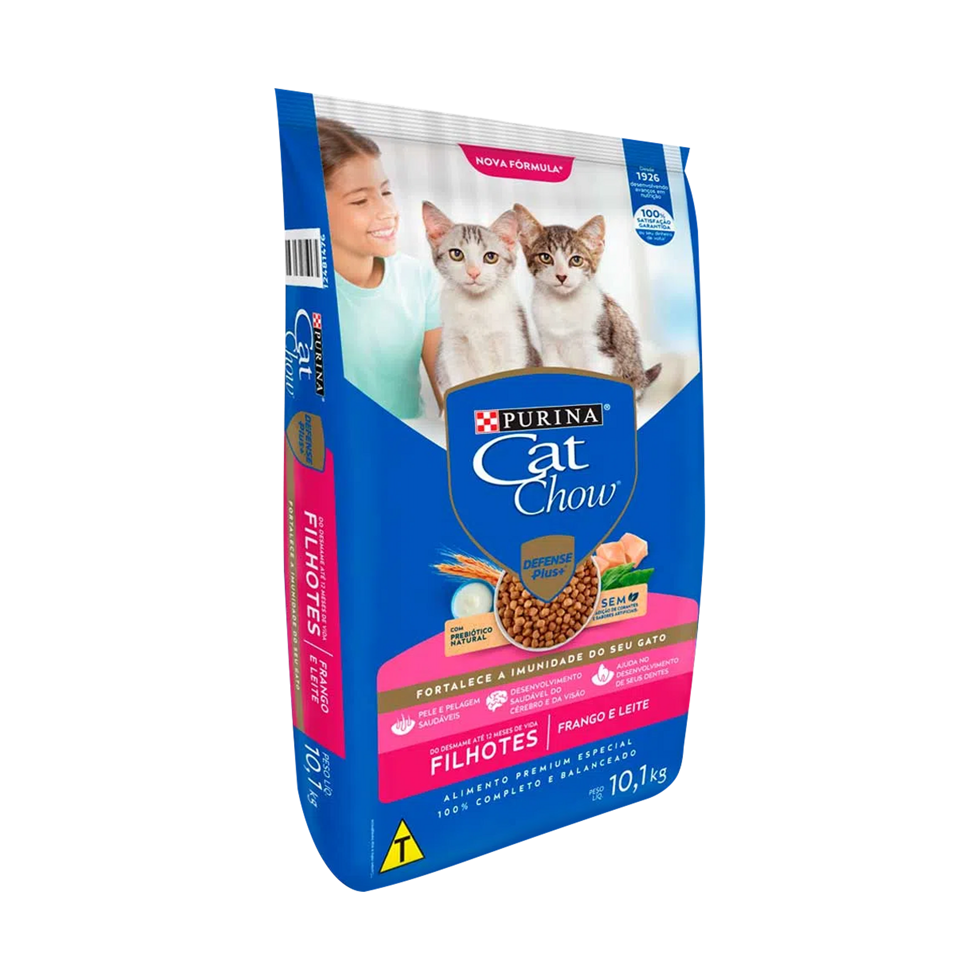 Embalagem de Cat Chow filhotes sabor frango e leite, vista lateral