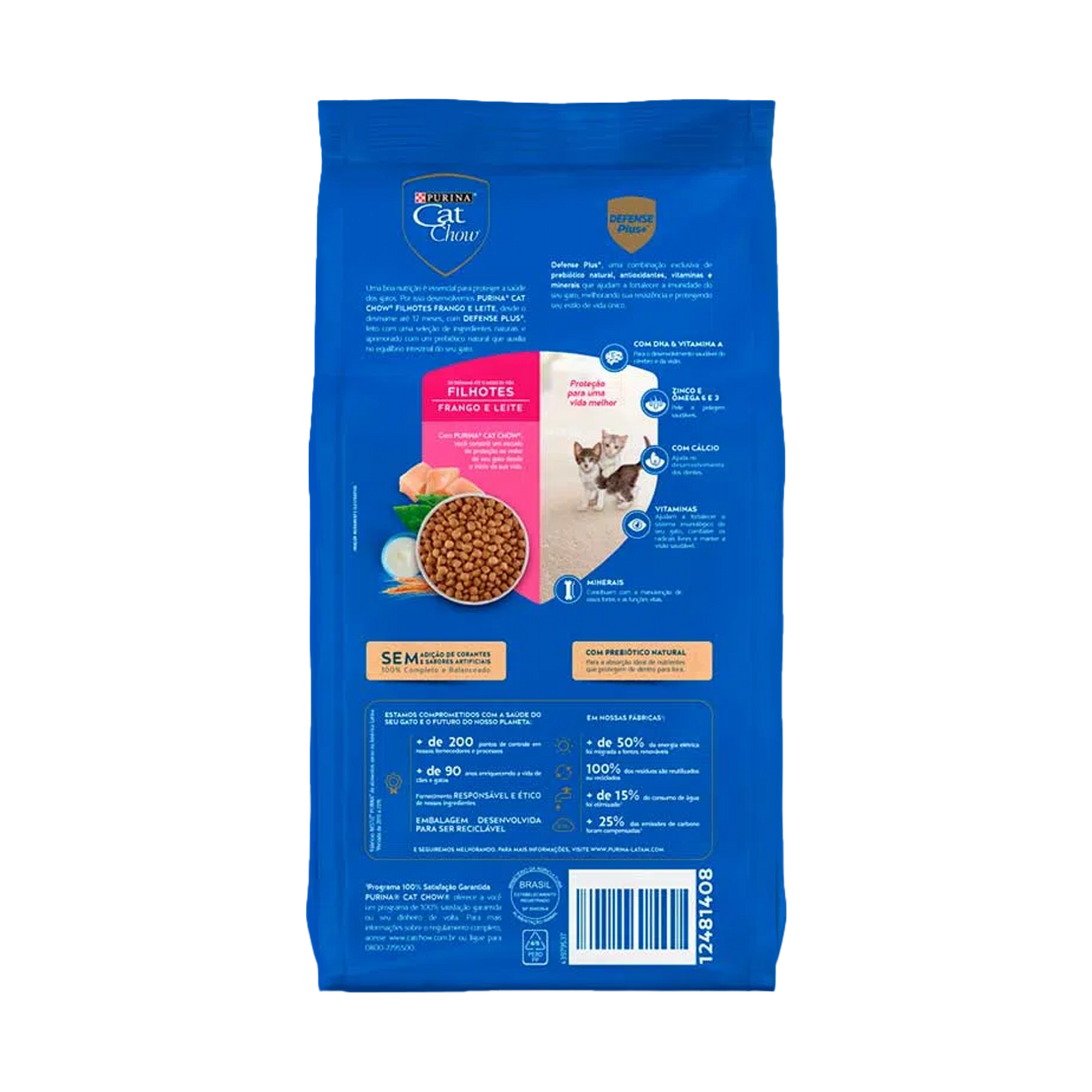 Embalagem de Cat Chow filhotes sabor frango e leite, vista traseira