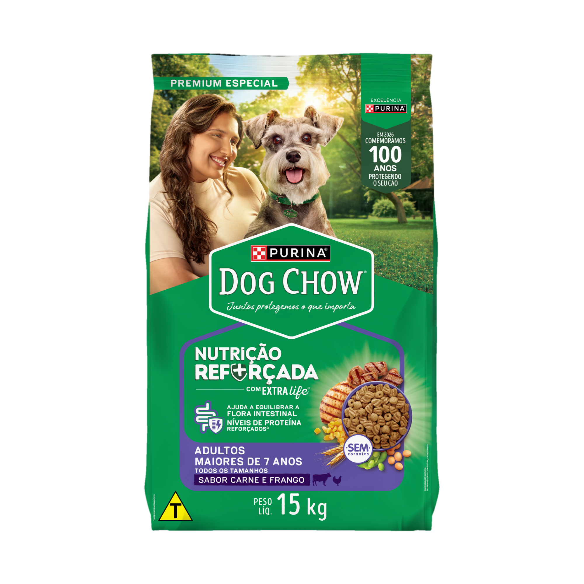 Embalagem de Dog Chow® 7+ para cães adultos de todos os tamanhos sabor carne e frango, vista frontal
