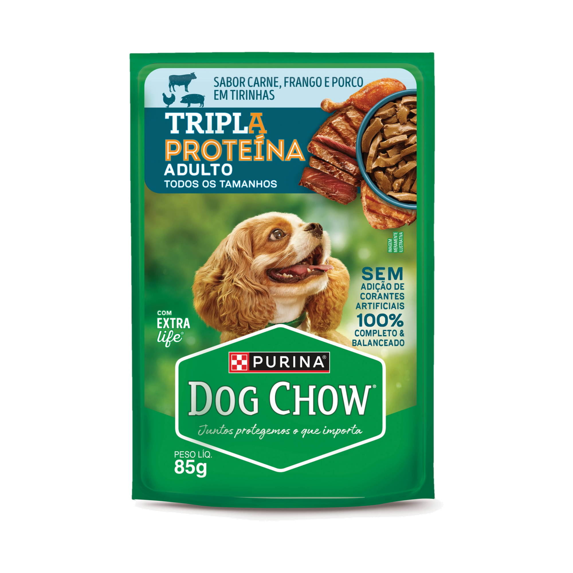 Embalagem de DOG CHOW® ALTA PROTEÍNA ADULTO Sabor Carne, Porco e Frango 85g, vista frontal