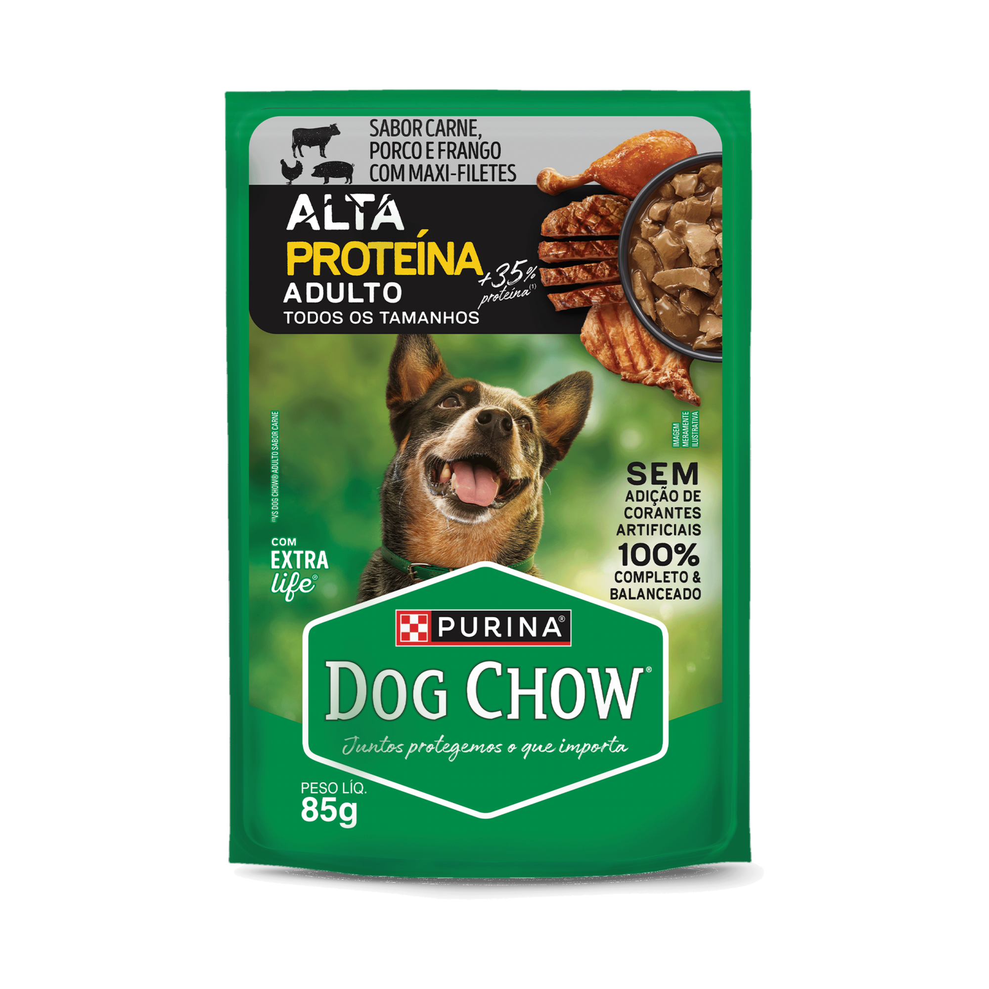Embalagem de PURINA® DOG CHOW® Alta Proteína Adulto Sabor Carne, Porco e Frango 85g, vista frontal