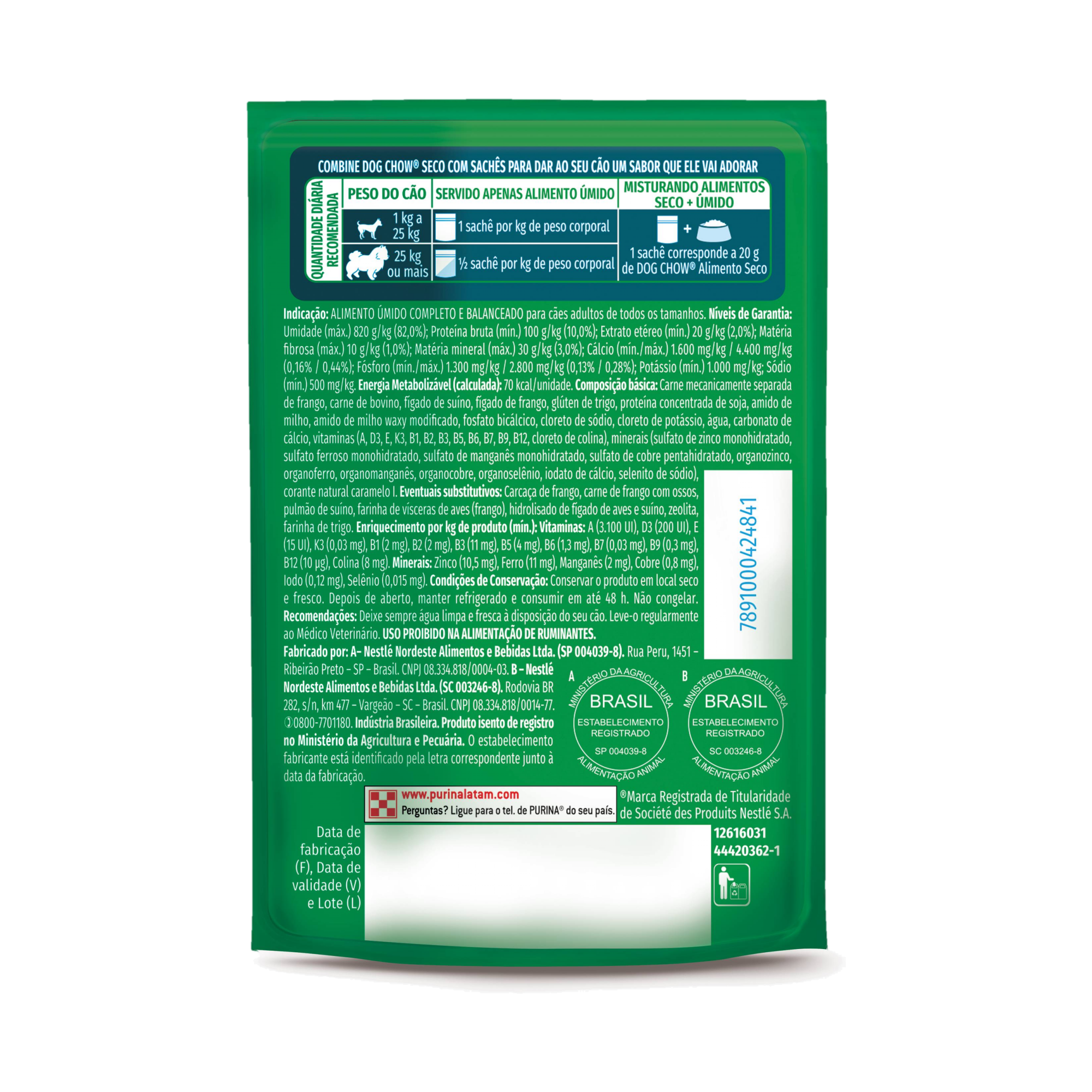 Embalagem de DOG CHOW® ALTA PROTEÍNA ADULTO Sabor Carne, Porco e Frango 85g, vista traseira