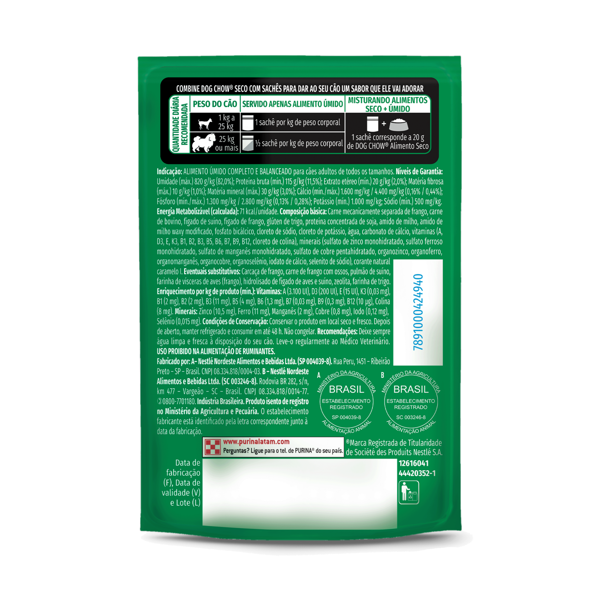 Embalagem de PURINA® DOG CHOW® Alta Proteína Adulto Sabor Carne, Porco e Frango 85g, vista traseira