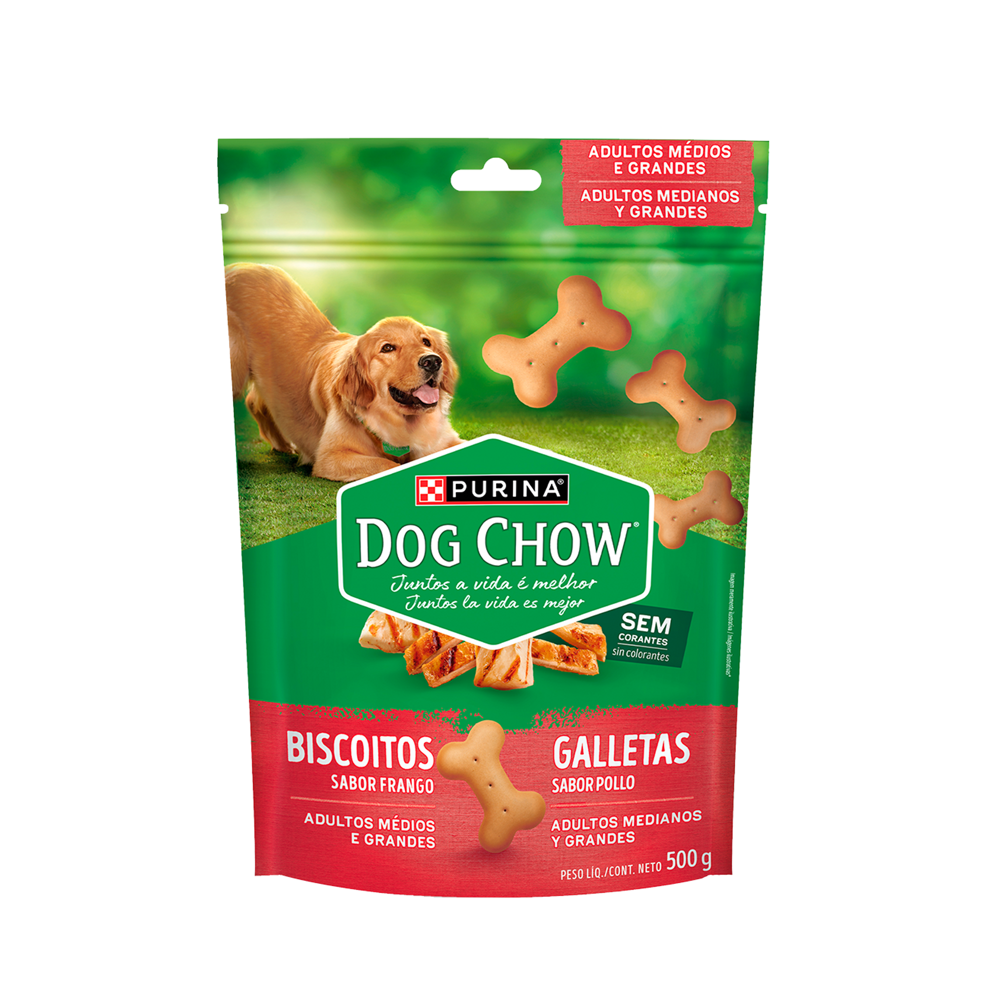 Embalagem de DOG CHOW® Biscoitos para Cão Adulto médios e grandes sabor frango, vista frontal