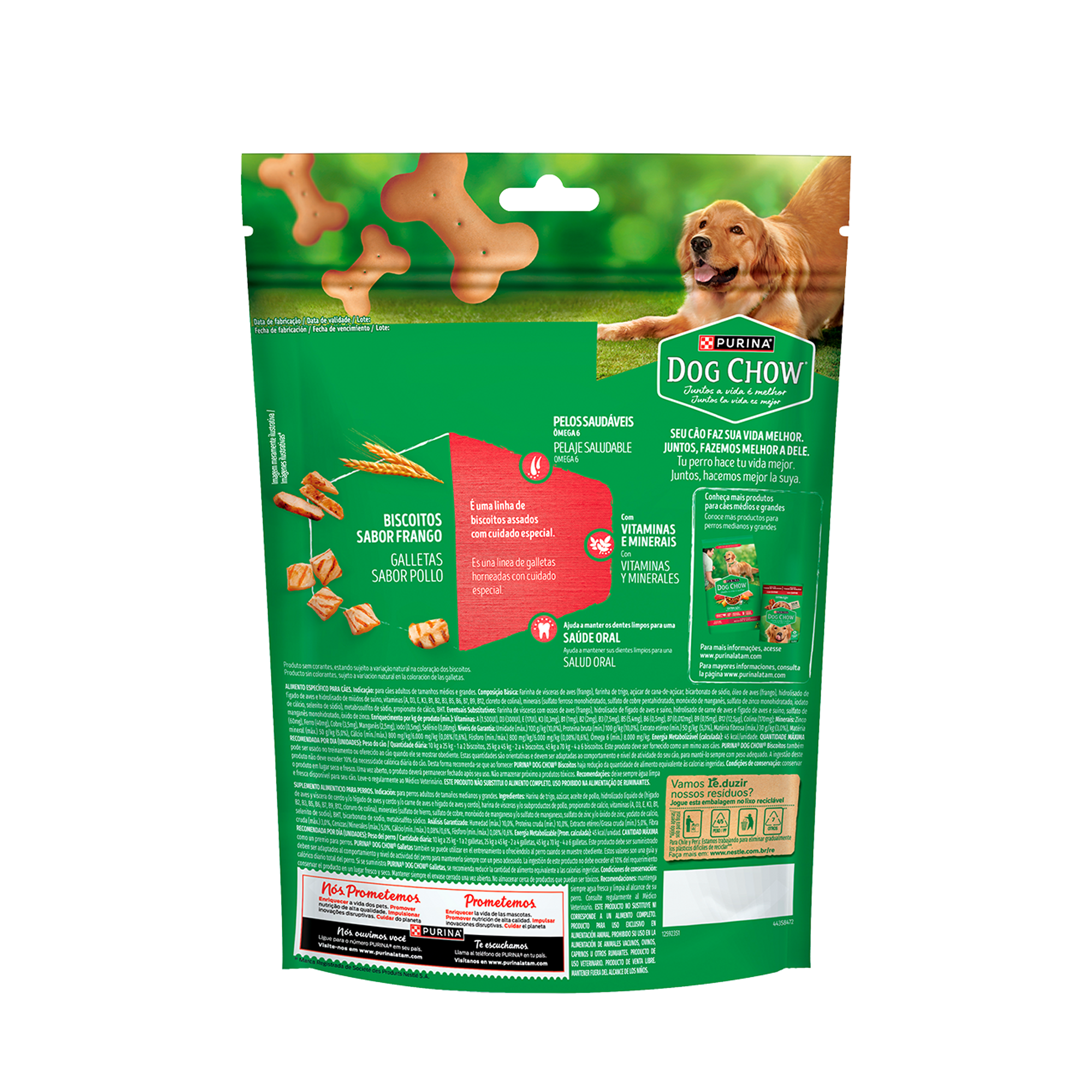 Embalagem de DOG CHOW® Biscoitos para Cão Adulto médios e grandes sabor frango, vista traseira