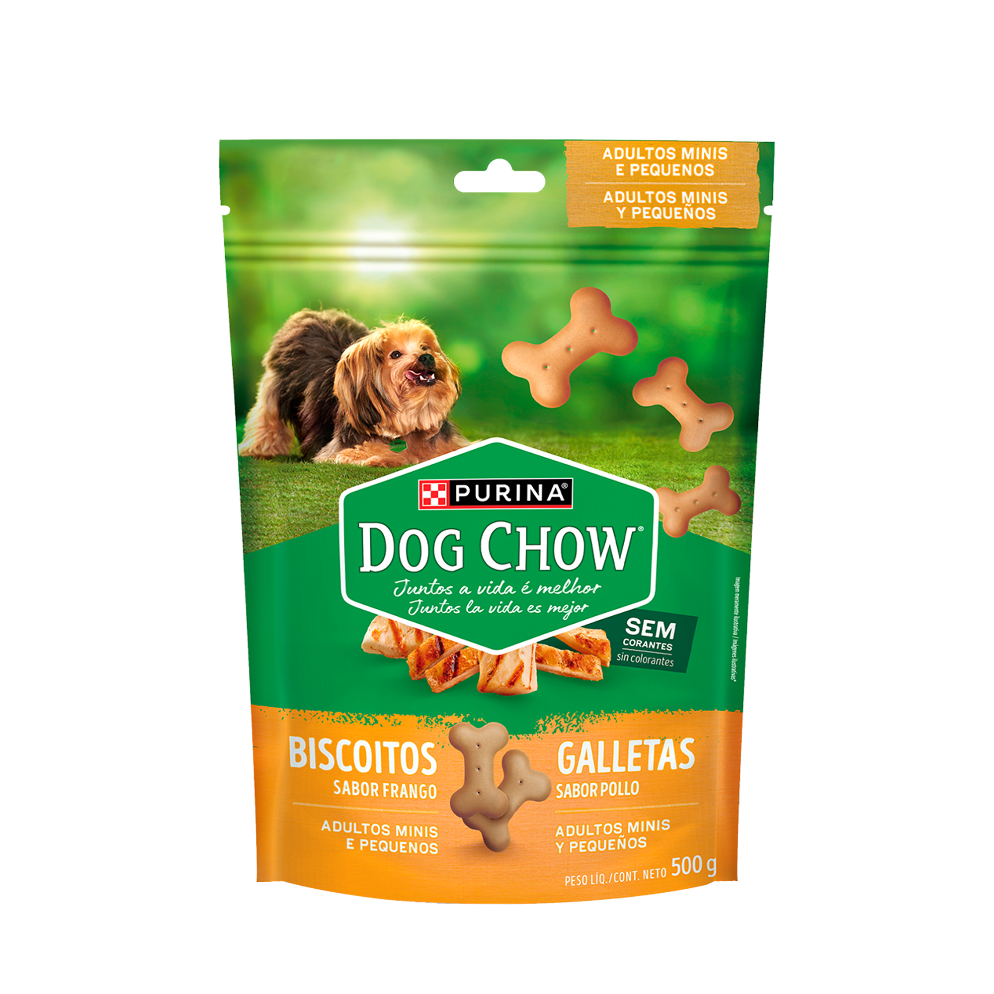 Embalagem de DOG CHOW® Biscoitos para Cão Adulto minis e pequenos sabor frango, vista frontal