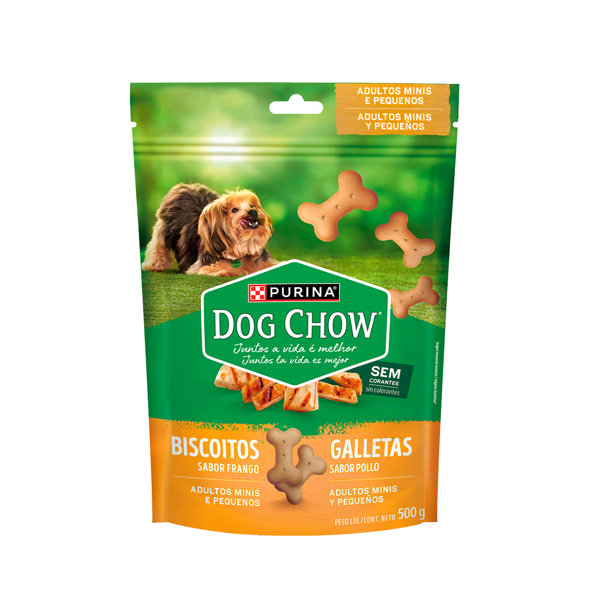 Embalagem de DOG CHOW® Biscoitos para Cão Adulto minis e pequenos sabor frango, vista frontal