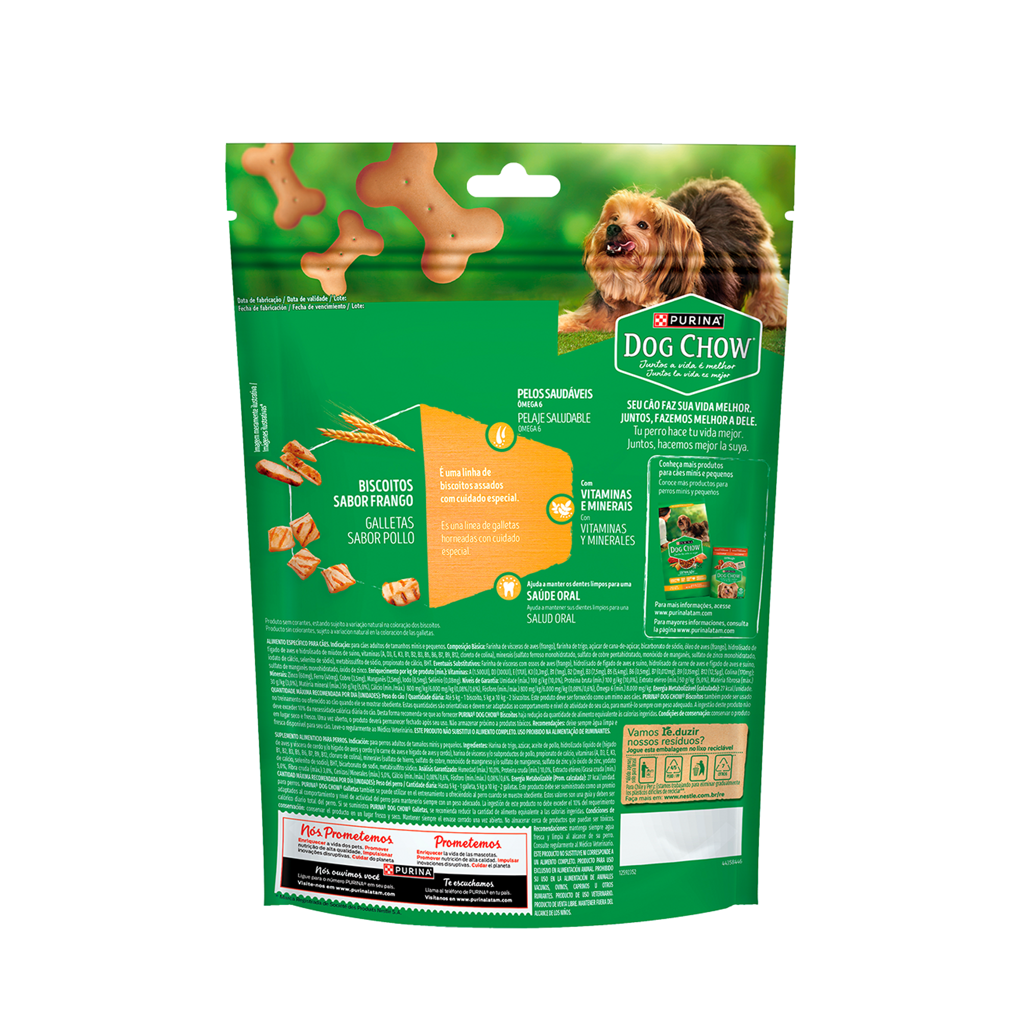 Embalagem de DOG CHOW® Biscoitos para Cão Adulto minis e pequenos sabor frango, vista traseira