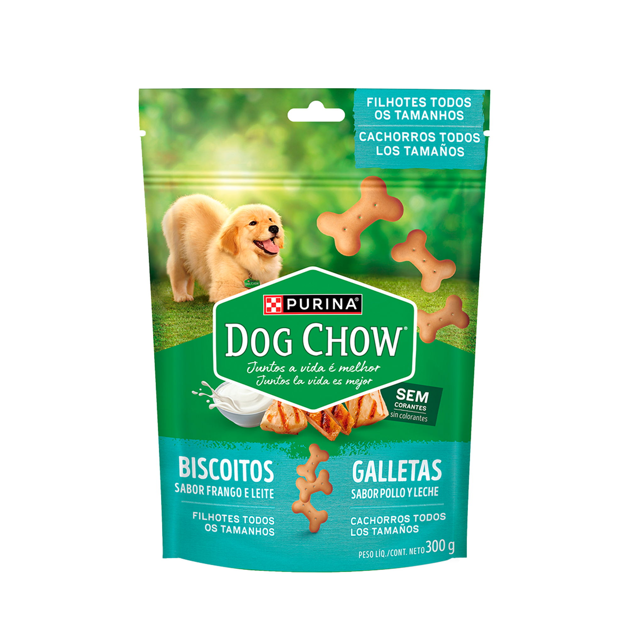 Embalagem de DOG CHOW® Biscoitos para Cão Filhote todos os tamanhos sabor frango & leite, vista frontal