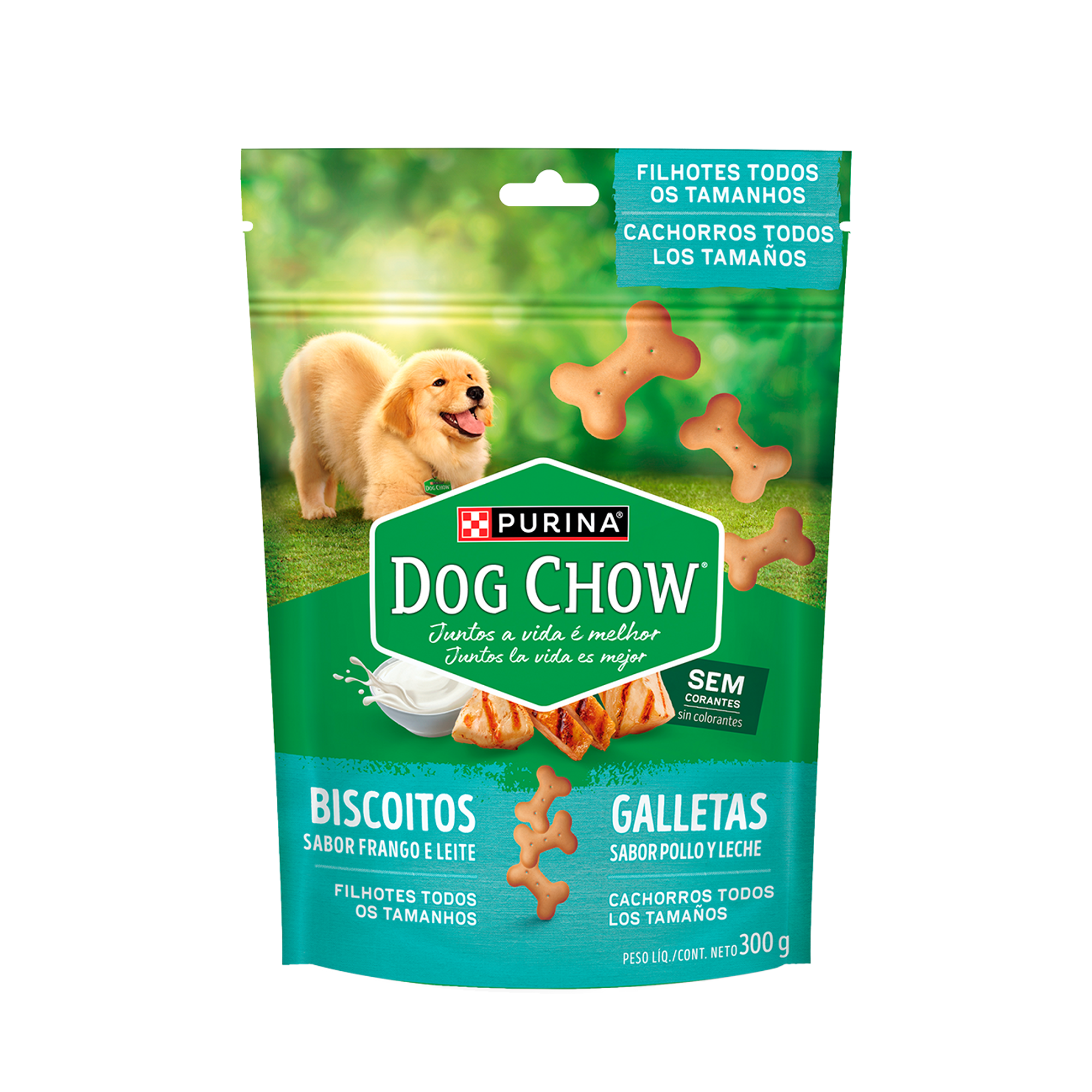 Embalagem de DOG CHOW® Biscoitos para Cão Filhote todos os tamanhos sabor frango & leite, vista frontal
